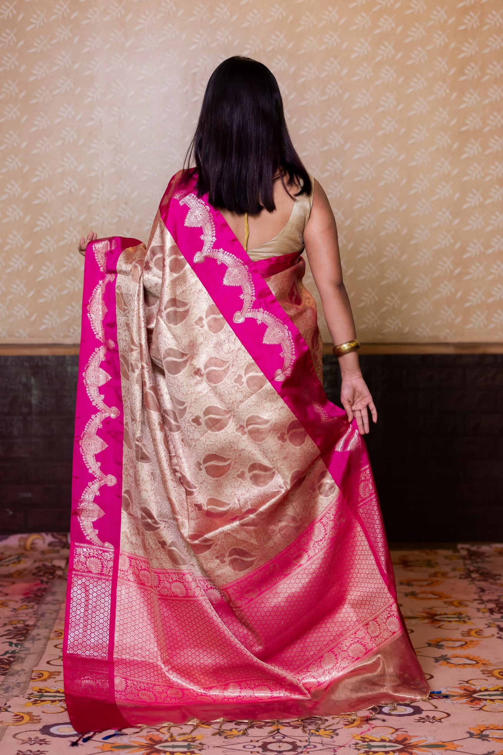 Gold Pink Glass Tissue Silk Saree - Image 2