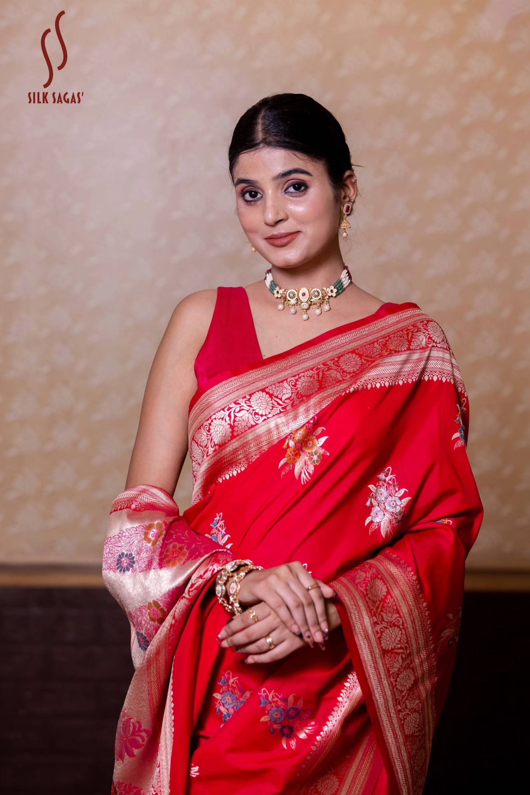 Bright Red Mishru Silk Saree