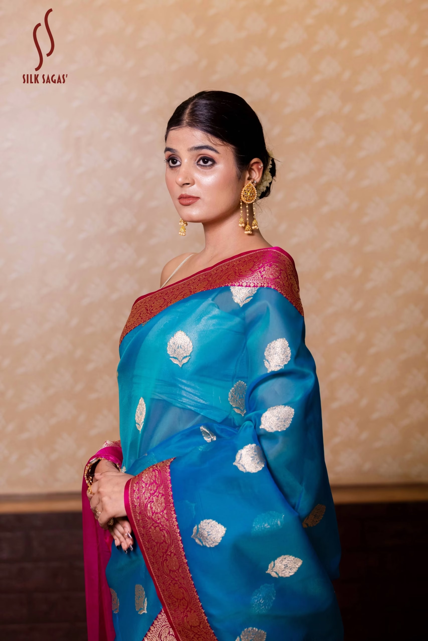Teal Blue Organza Silk Saree