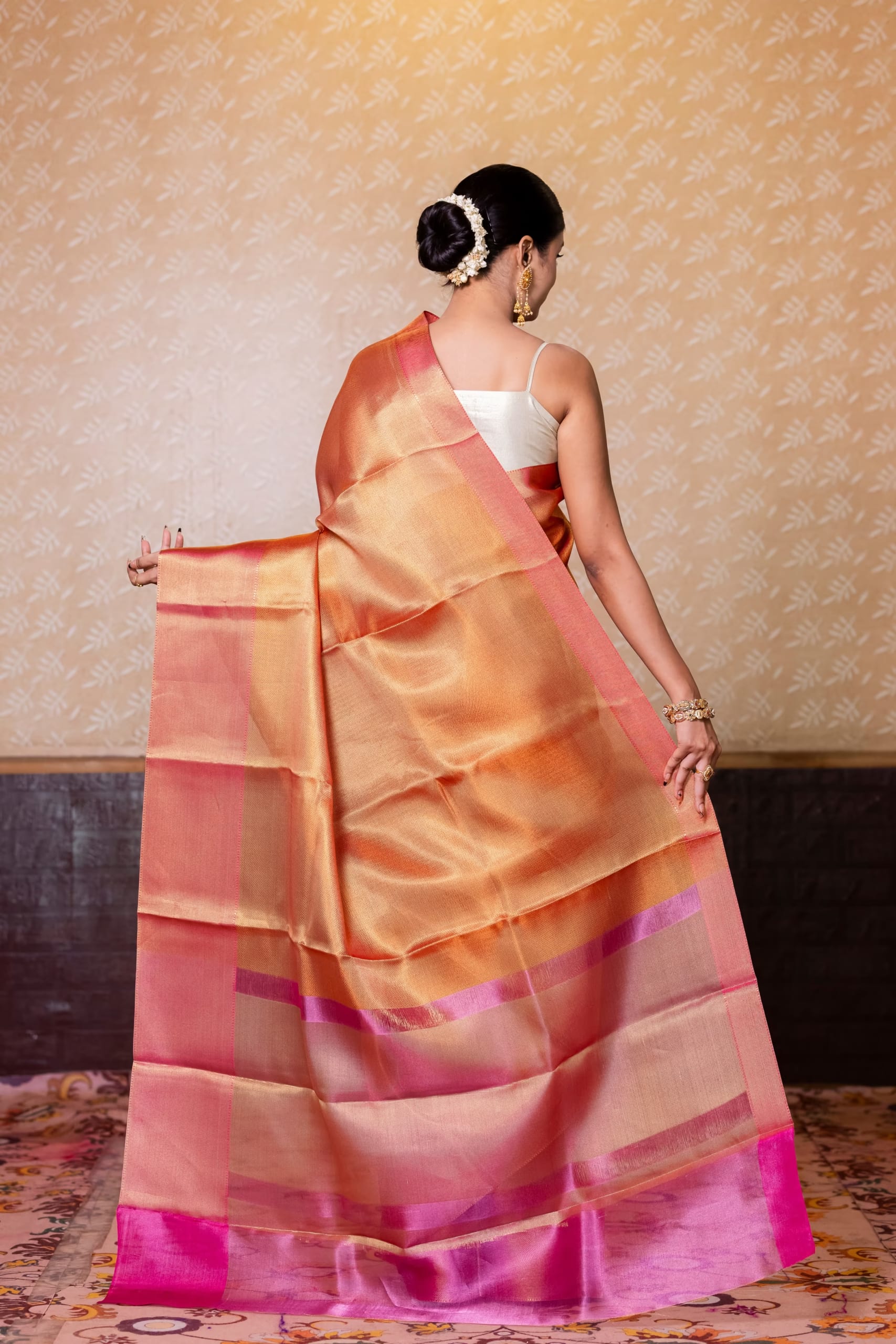 Ombre Peach Pink Glass Tissue Silk Saree - Image 3