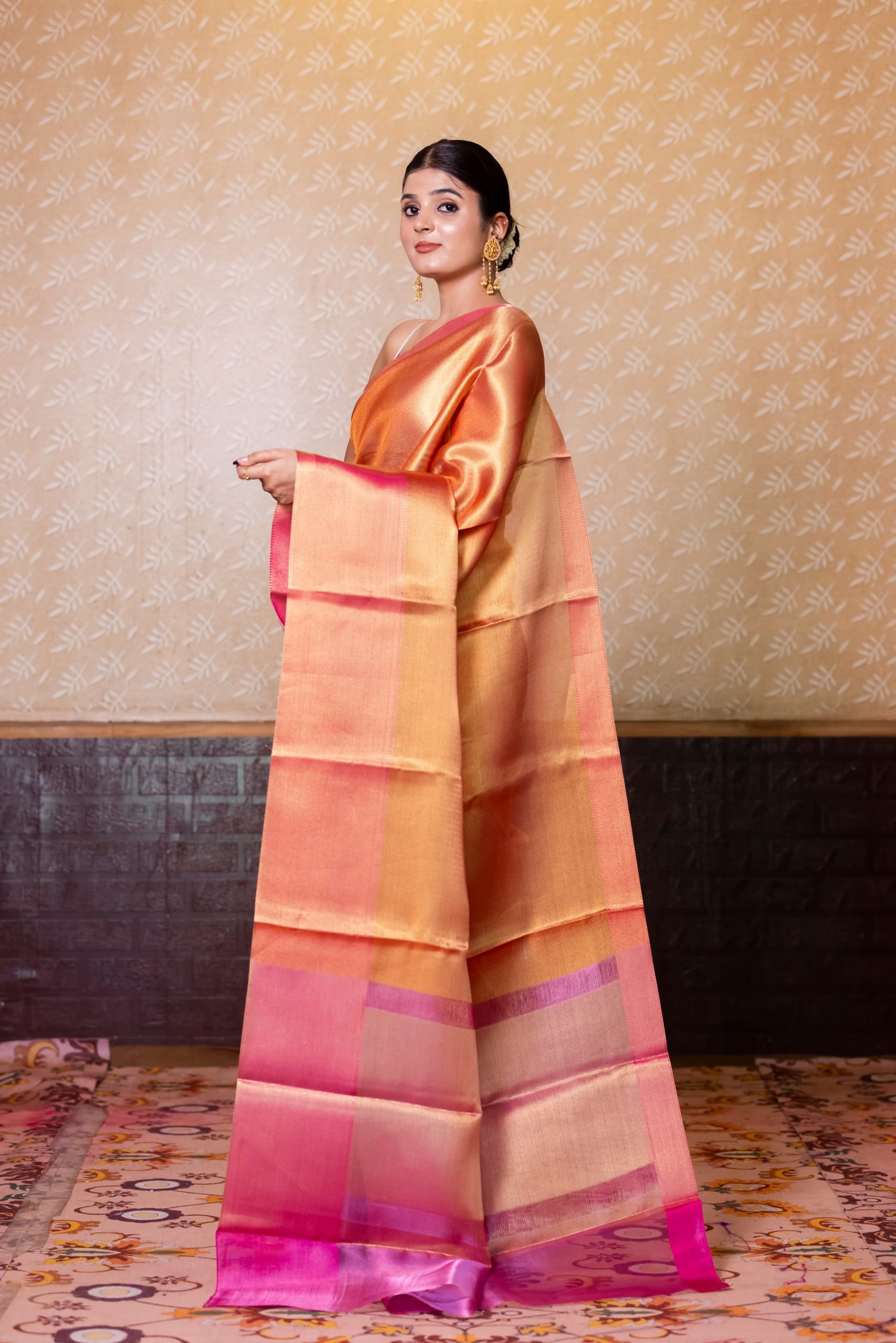 Ombre Peach Pink Glass Tissue Silk Saree - Image 4