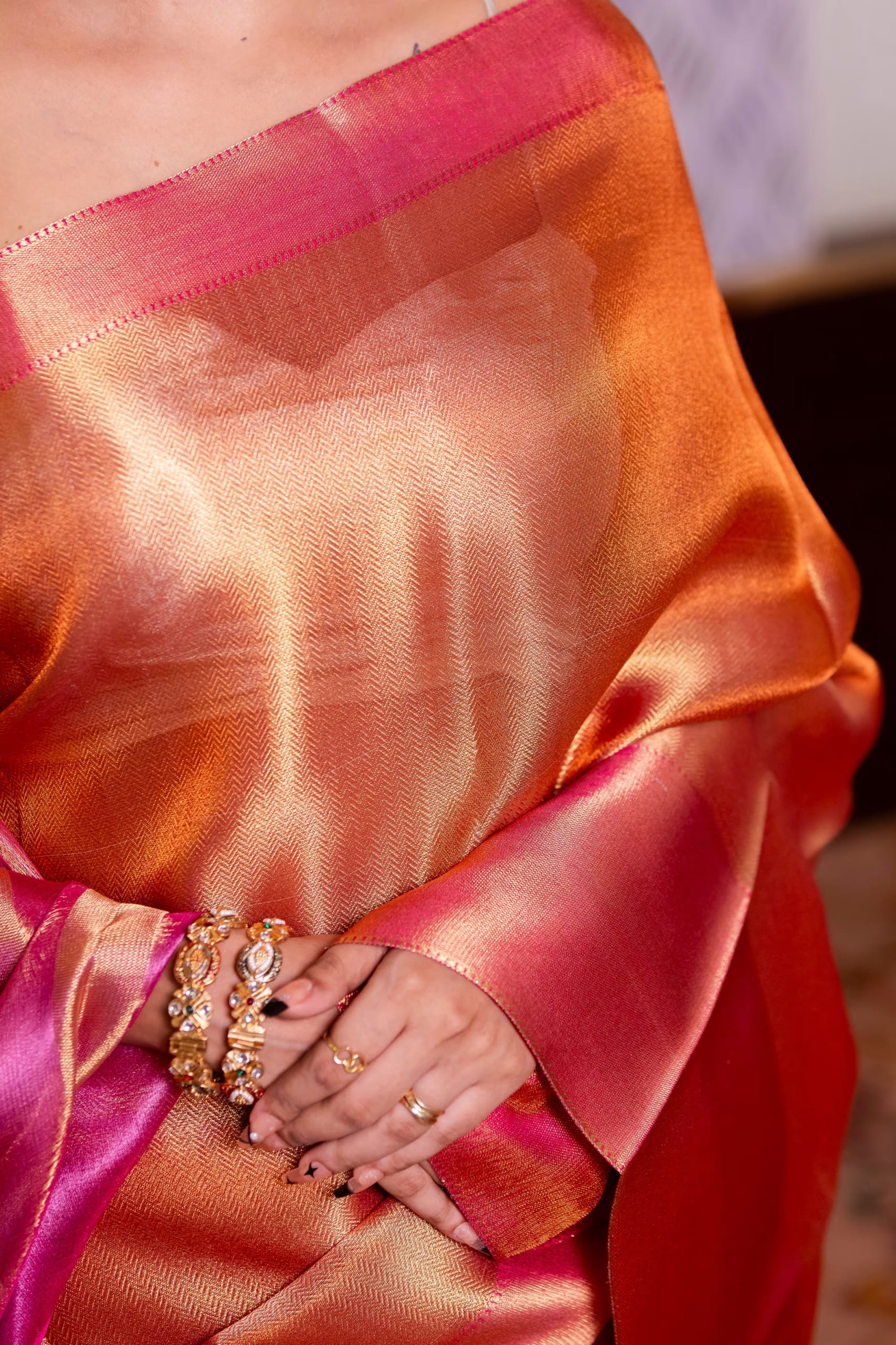 Ombre Peach Pink Glass Tissue Silk Saree
