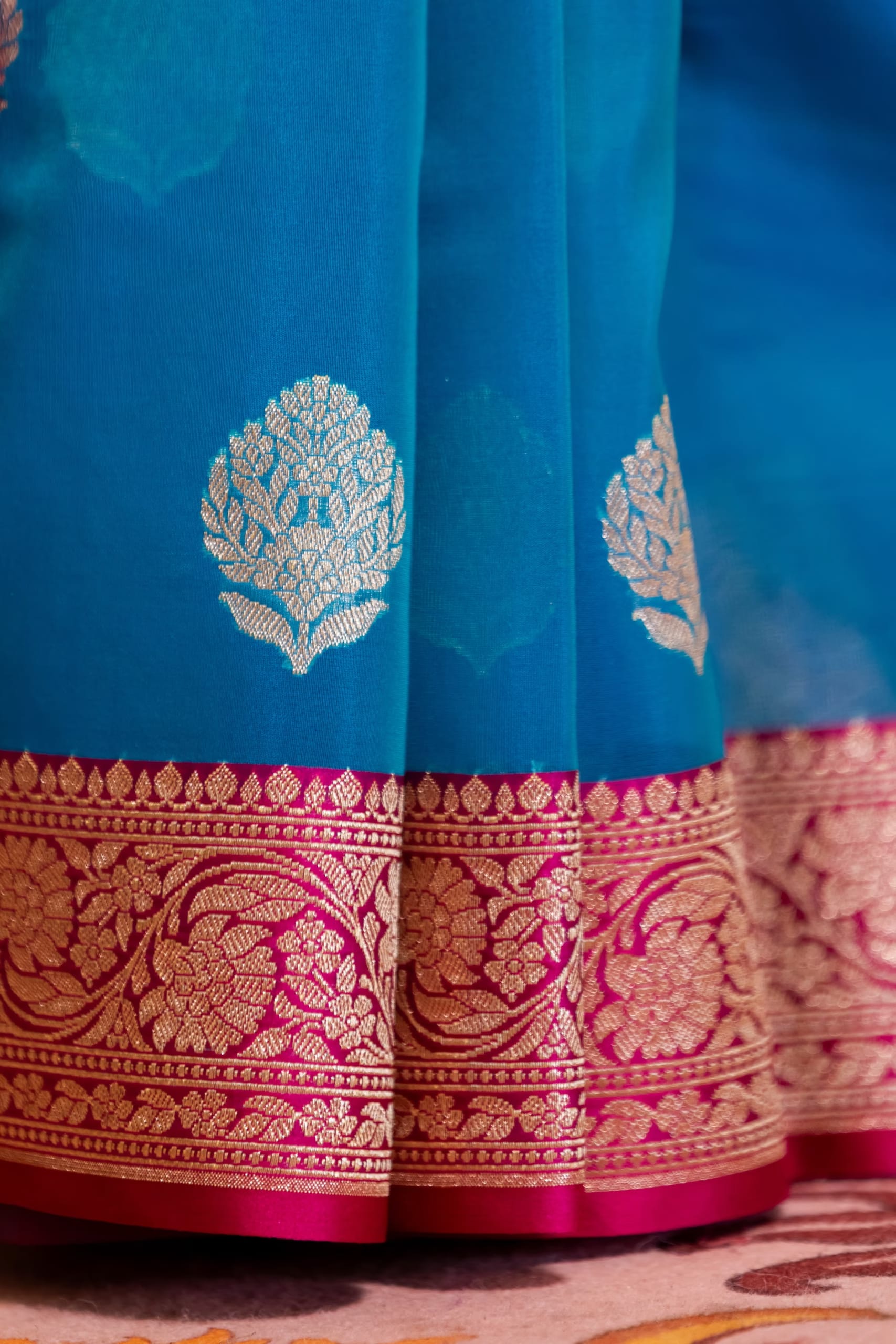 Teal Blue Organza Silk Saree - Image 3