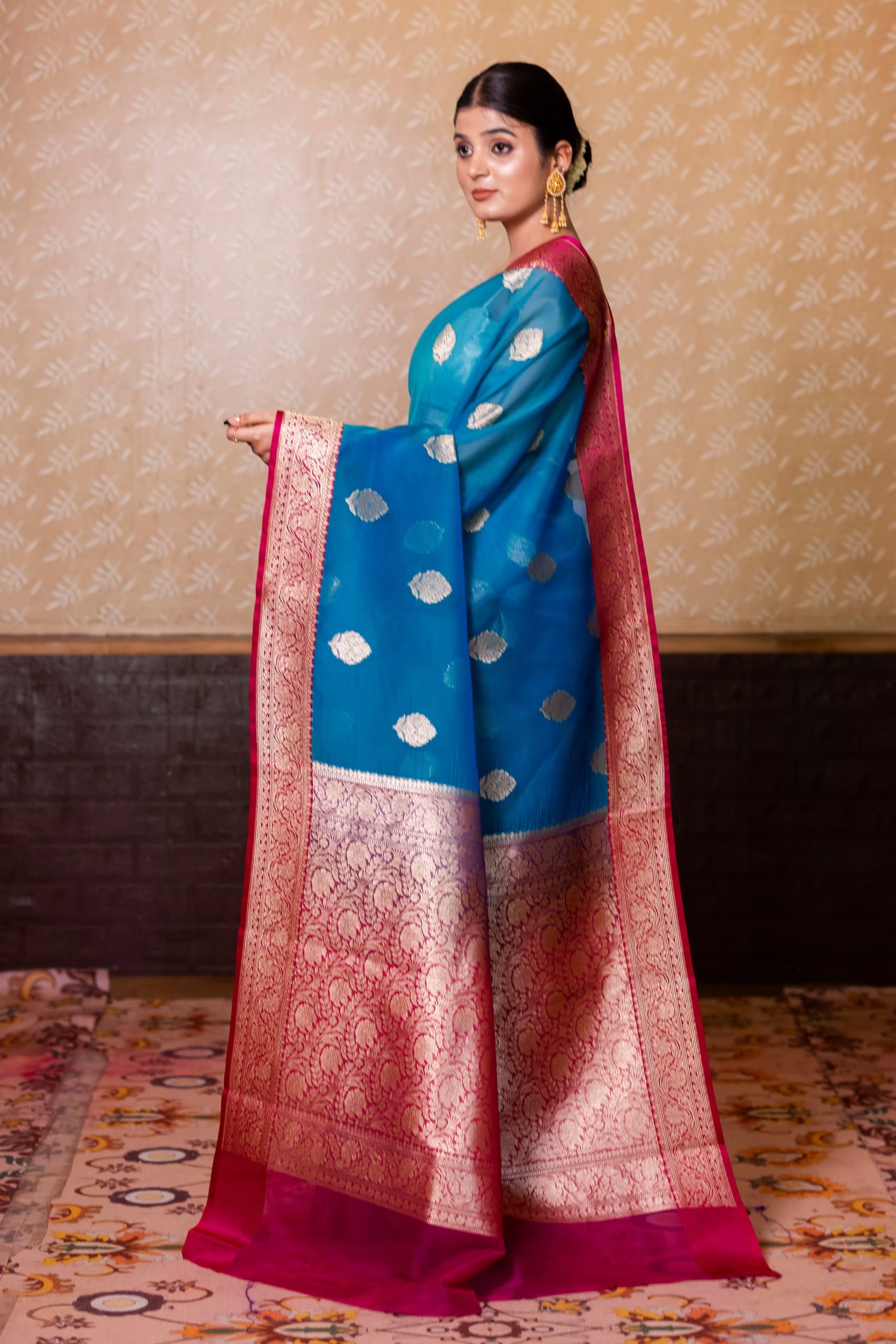 Teal Blue Organza Silk Saree