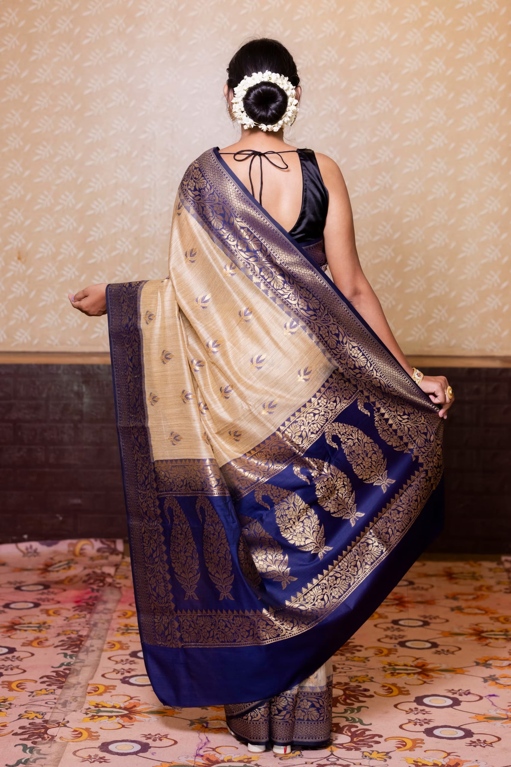 Gold and Navy Blue Tusser Silk Saree