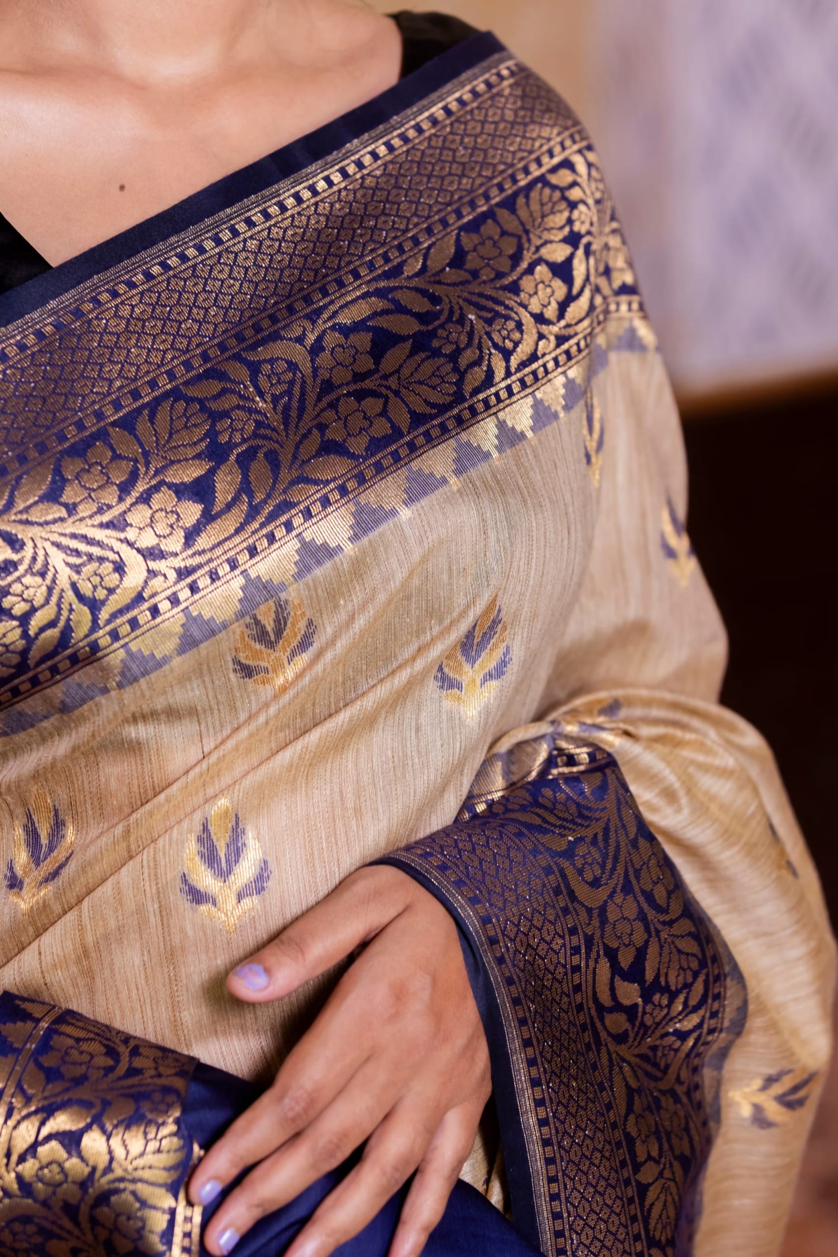 Gold and Navy Blue Tusser Silk Saree - Image 3