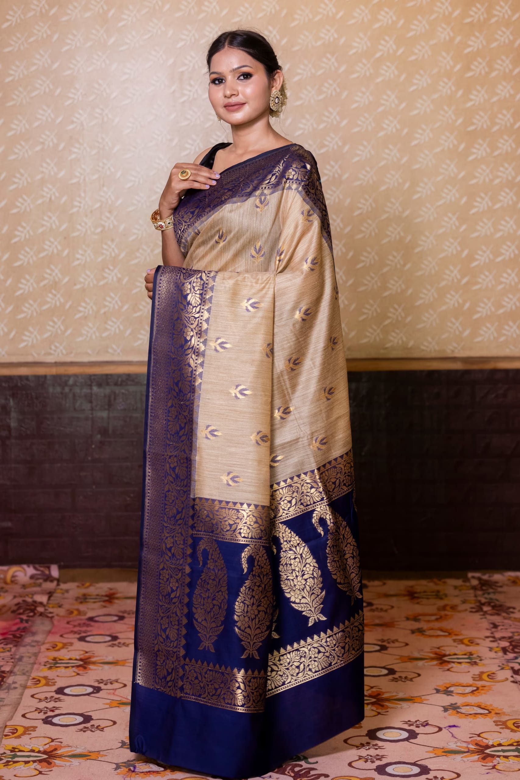Gold and Navy Blue Tusser Silk Saree - Image 2