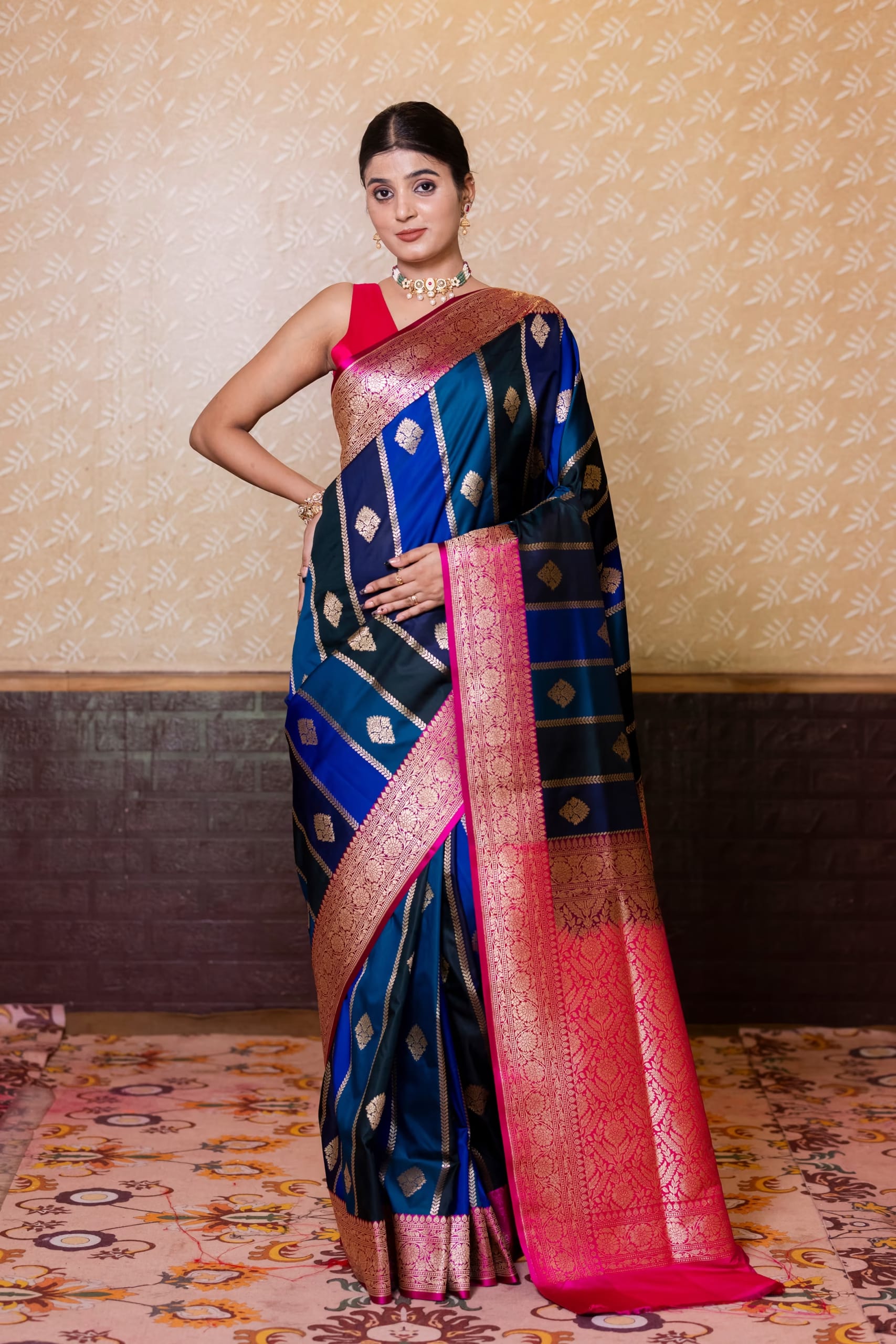 Deep Navy Blue Designer Silk Saree - Image 4