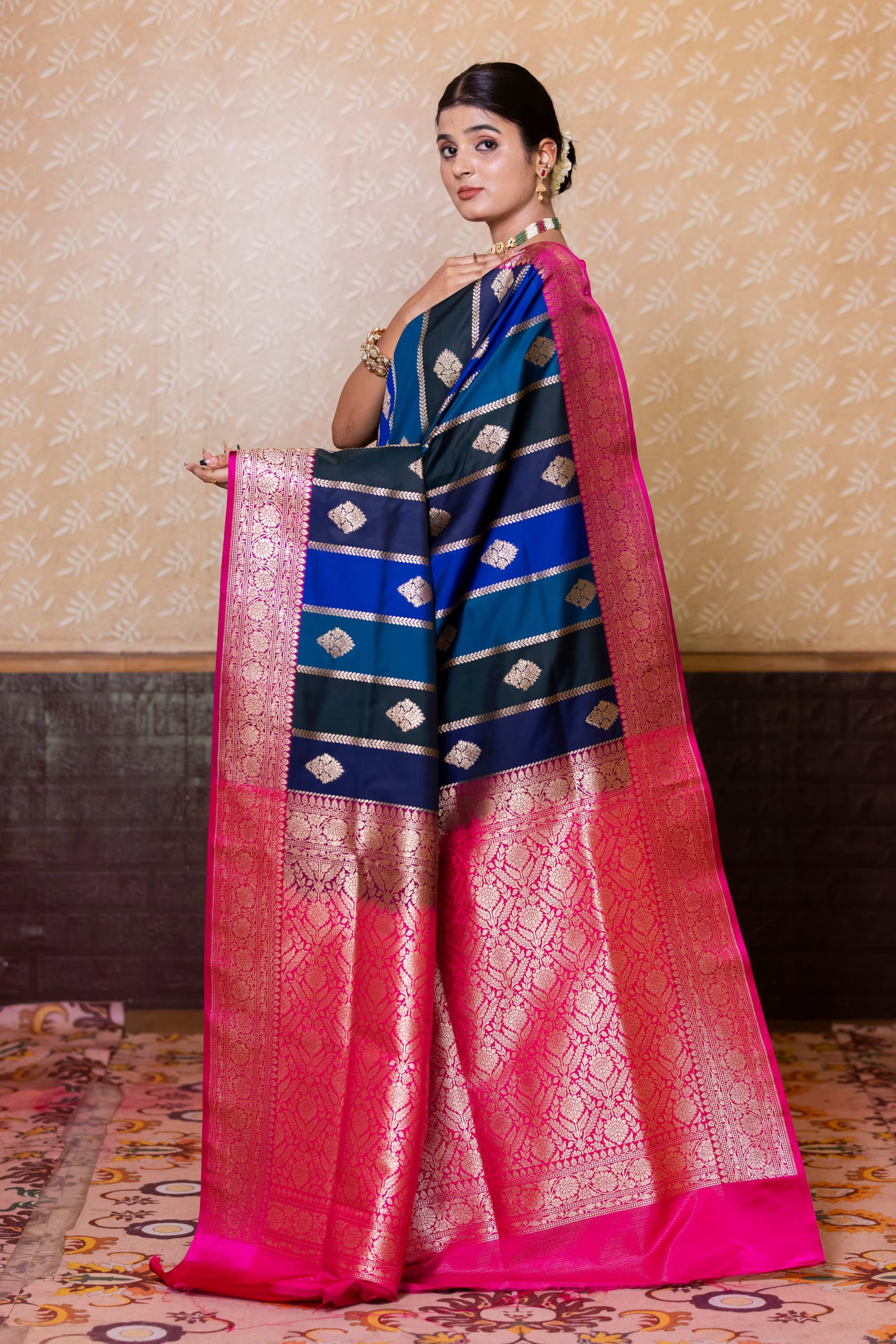 Deep Navy Blue Designer Silk Saree