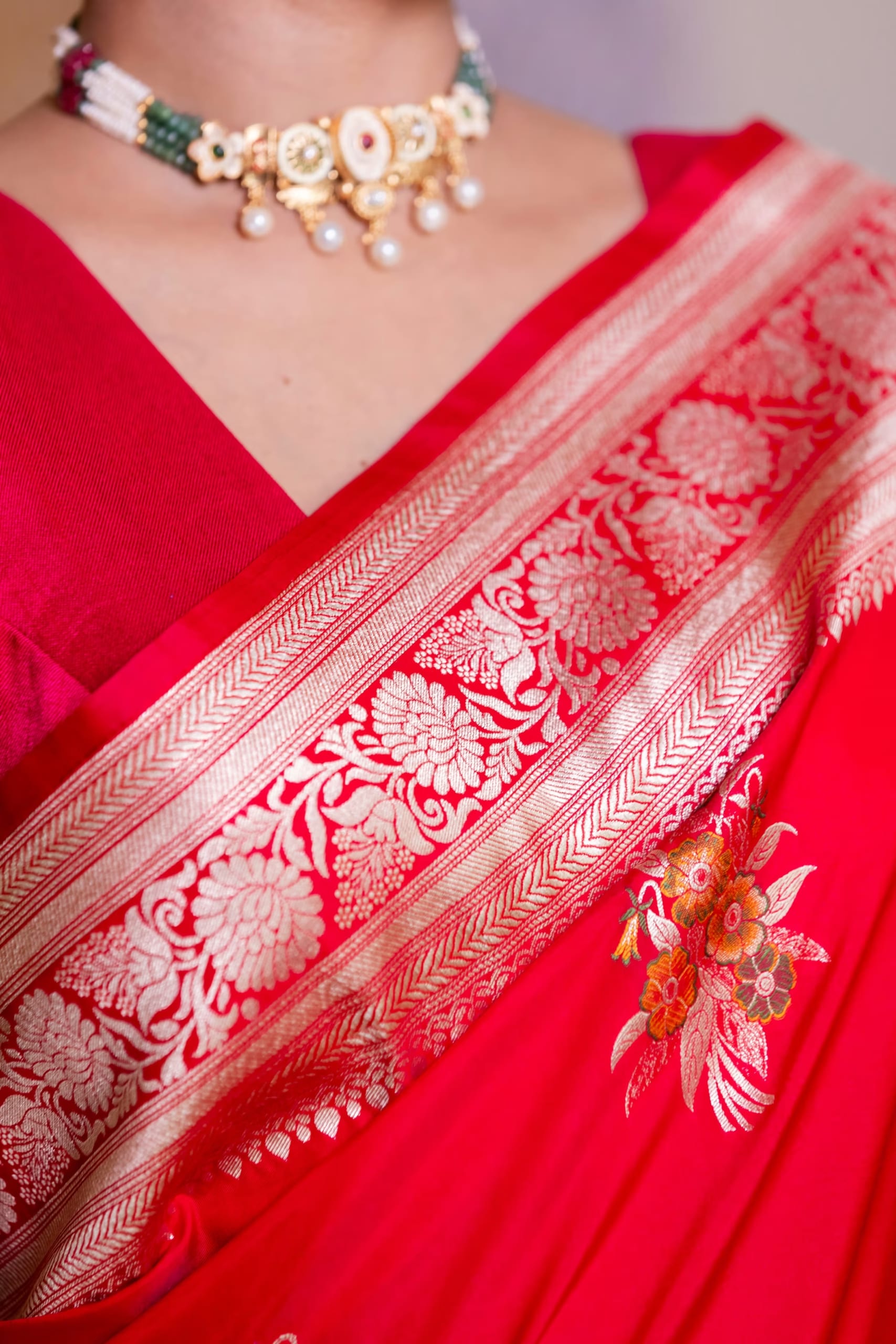 Bright Red Mishru Silk Saree