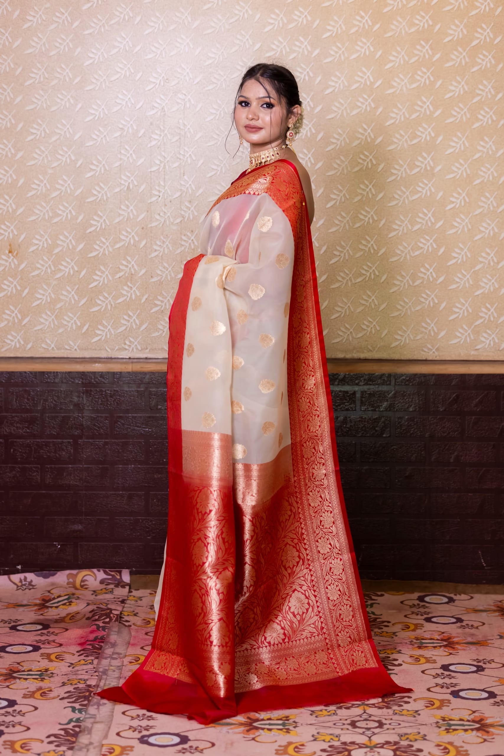Cream Organza Silk Saree - Image 2