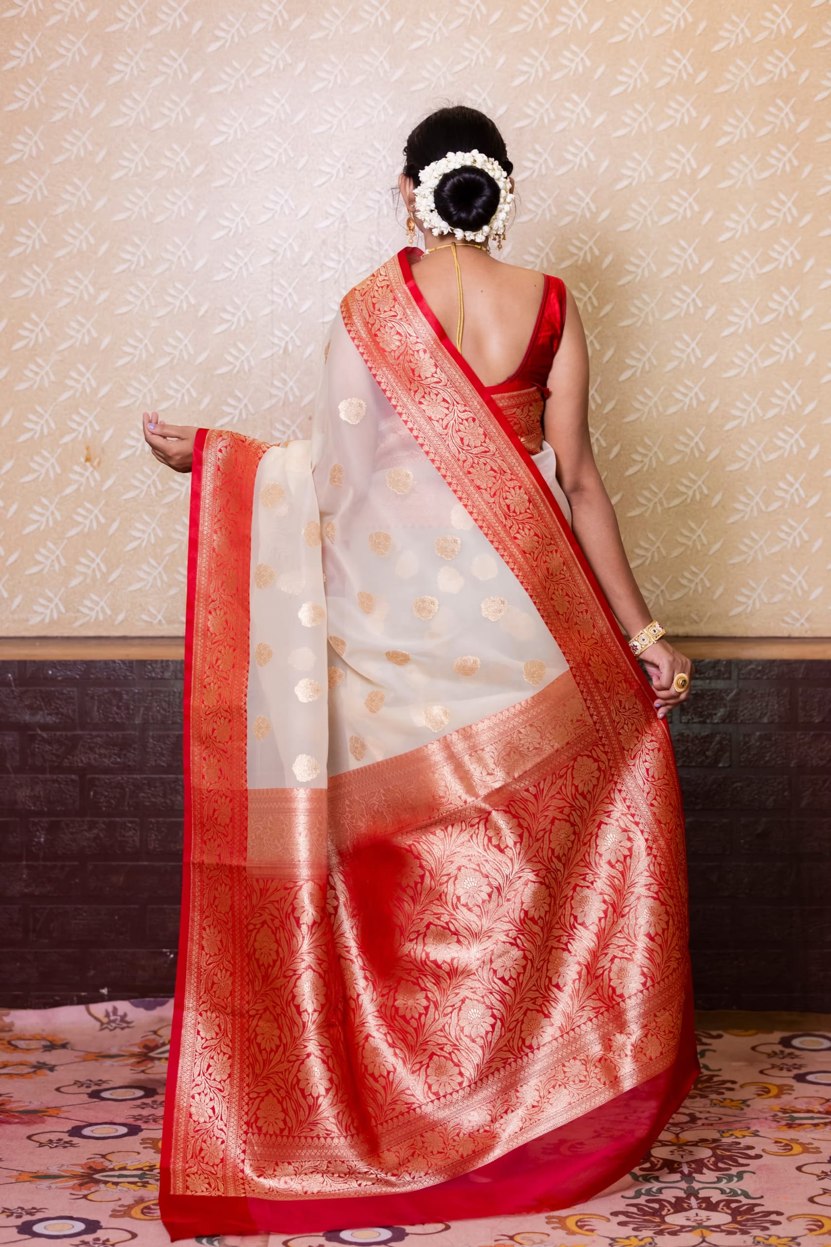 Cream Organza Silk Saree
