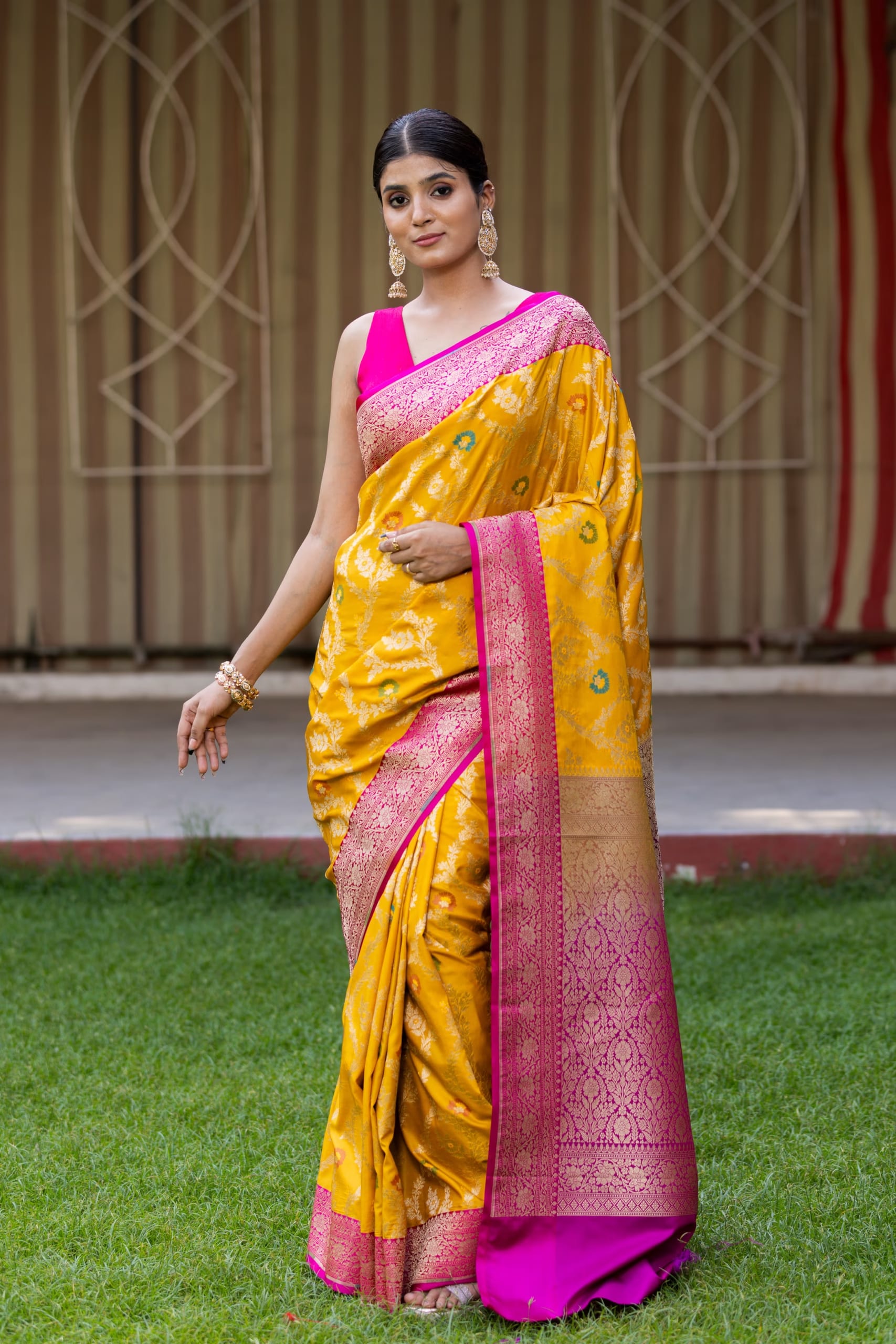 Yellow With Pink Border Ektara Silk Saree - Image 4