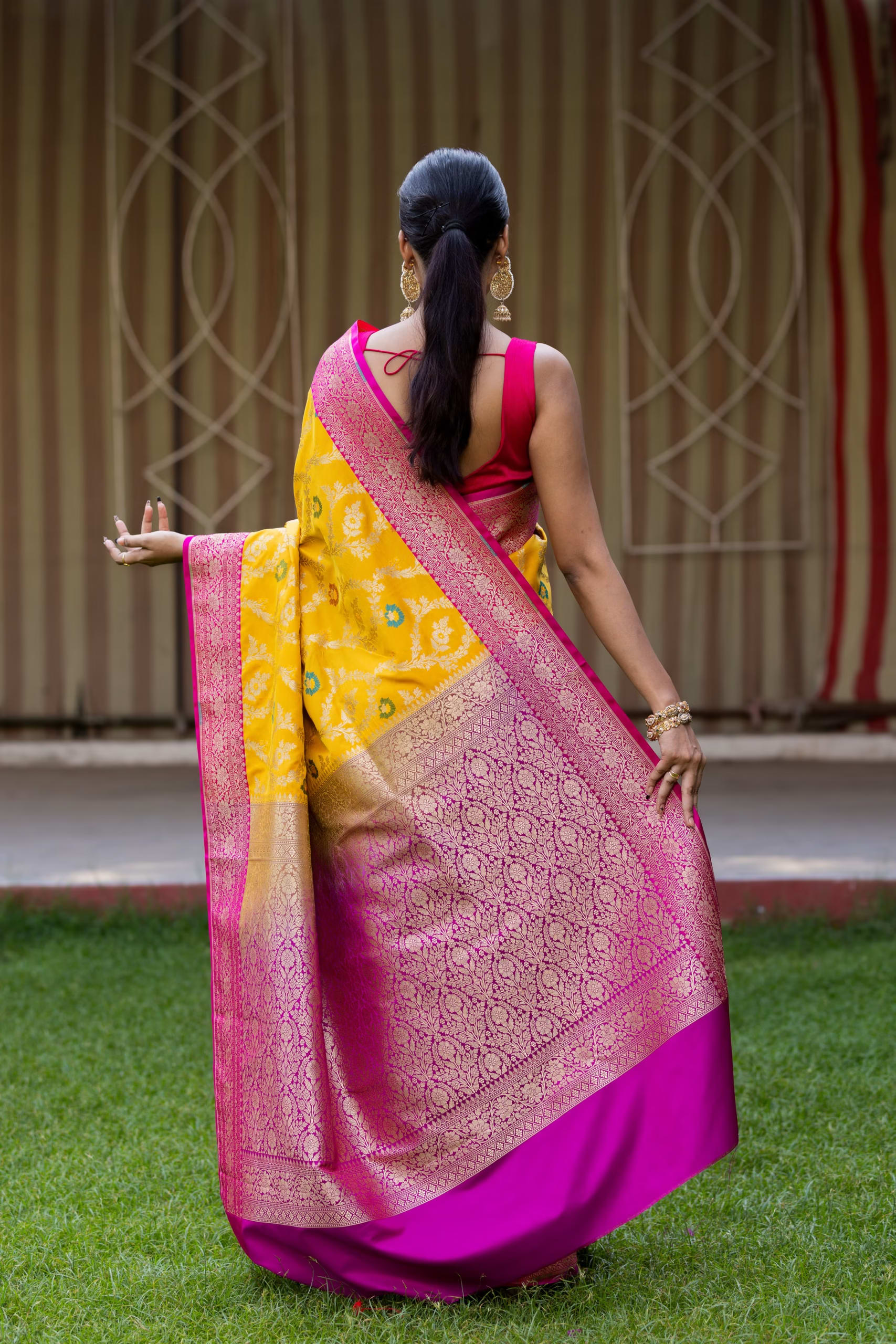 Yellow With Pink Border Ektara Silk Saree