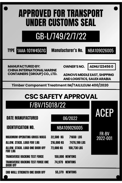 Silver Combined Data Plate on containers