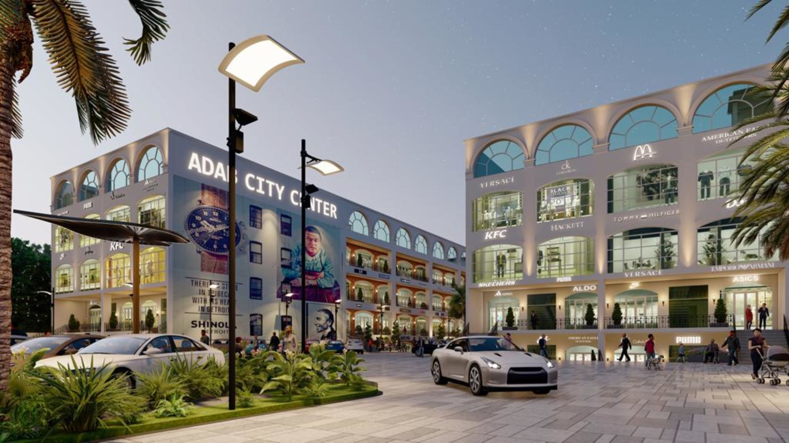 Signage wall and drop-off plaza between two retail wings