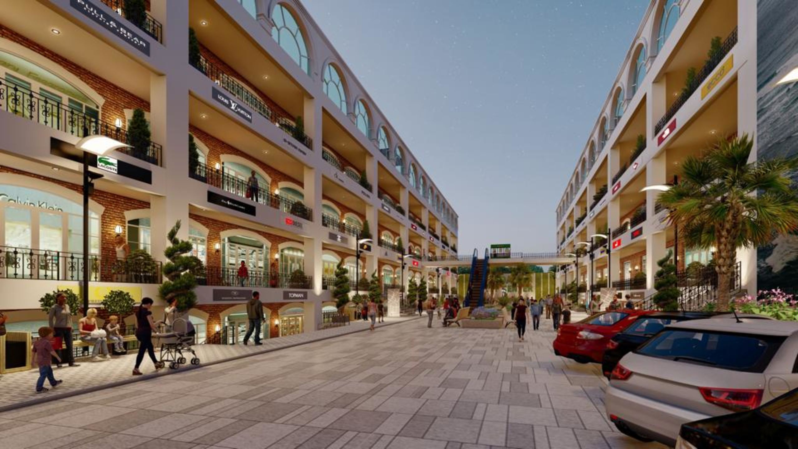 Brick and render retail arcades with wrought-iron balconies and topiary