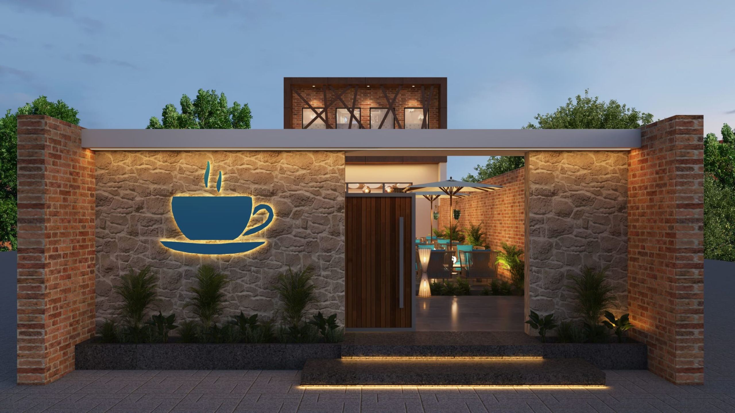 Stone entrance wall with a backlit coffee-cup emblem, Cheer Cafe