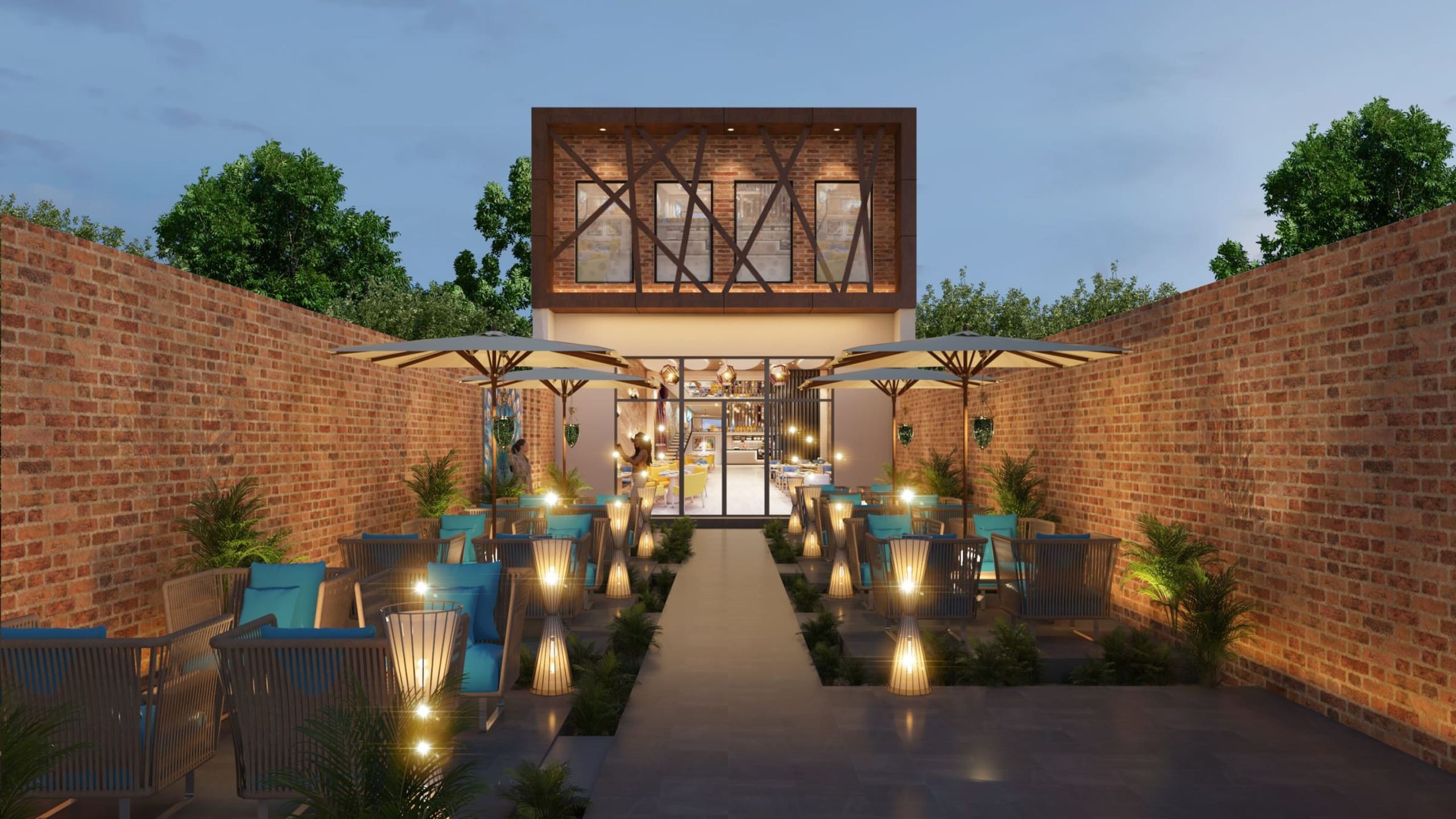 Brick-walled cafe courtyard with parasols and lantern floor lamps
