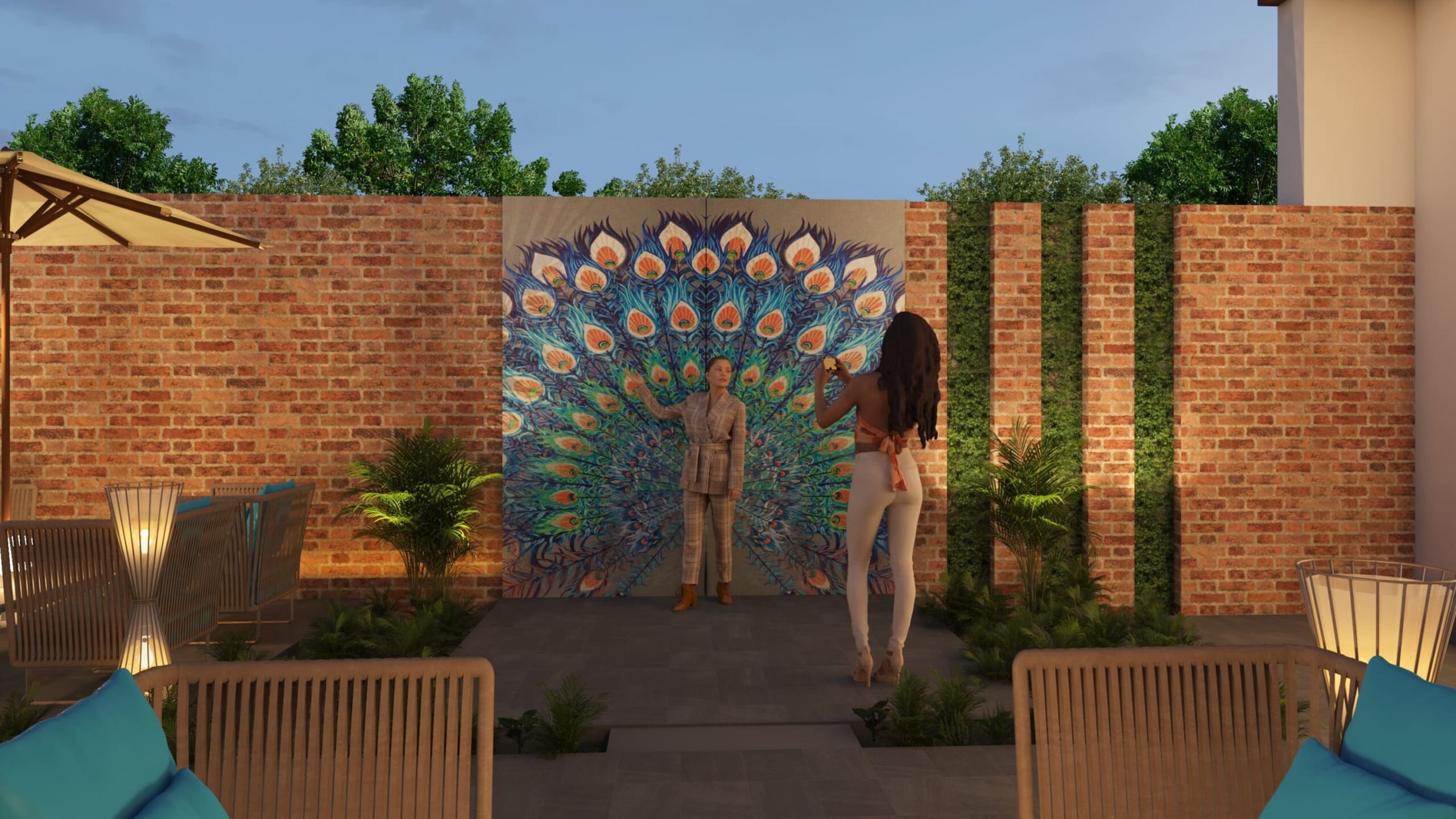 Painted peacock mural and green wall fins on the cafe terrace