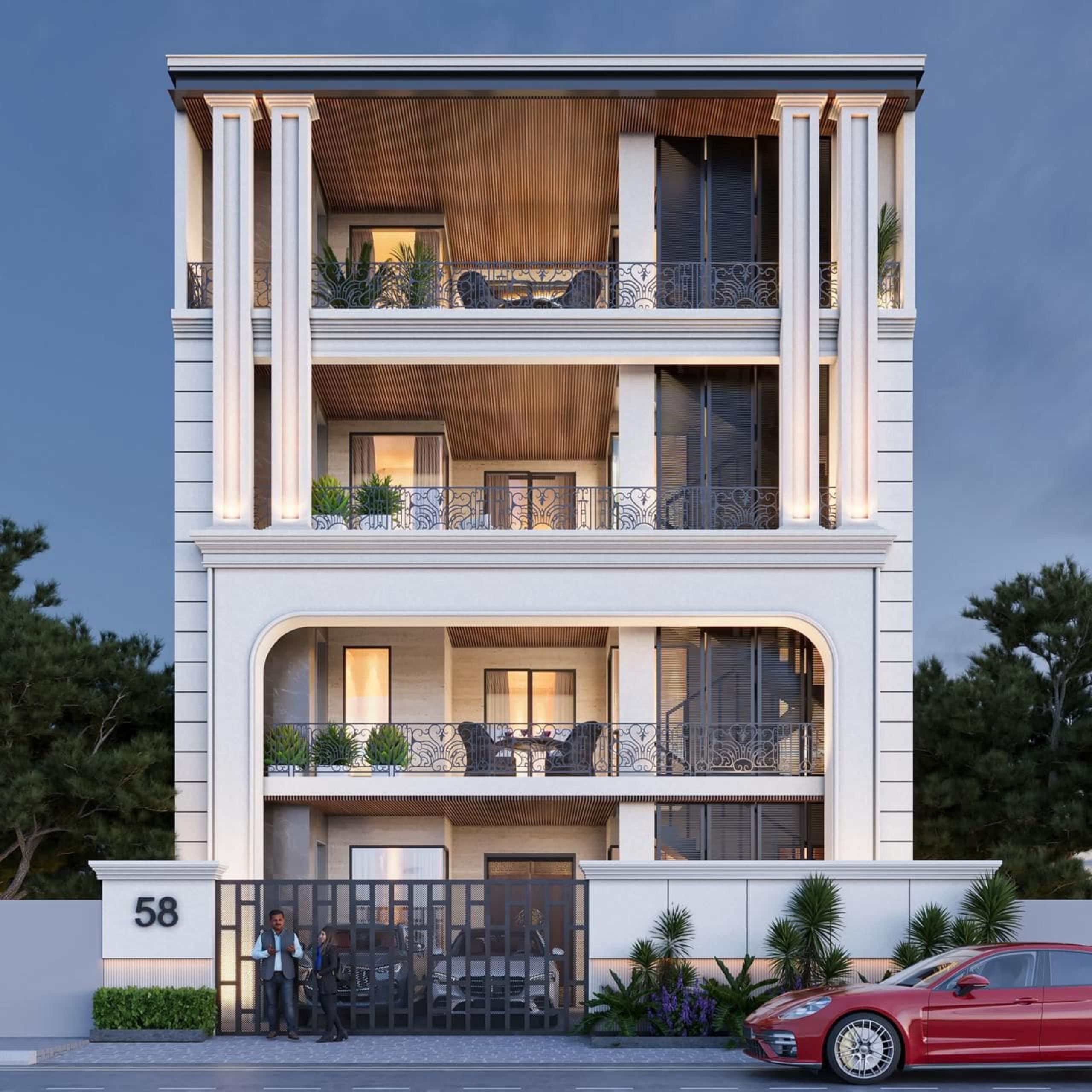 Four-storey house with recessed balconies and ornamental railings, GTB Nagar
