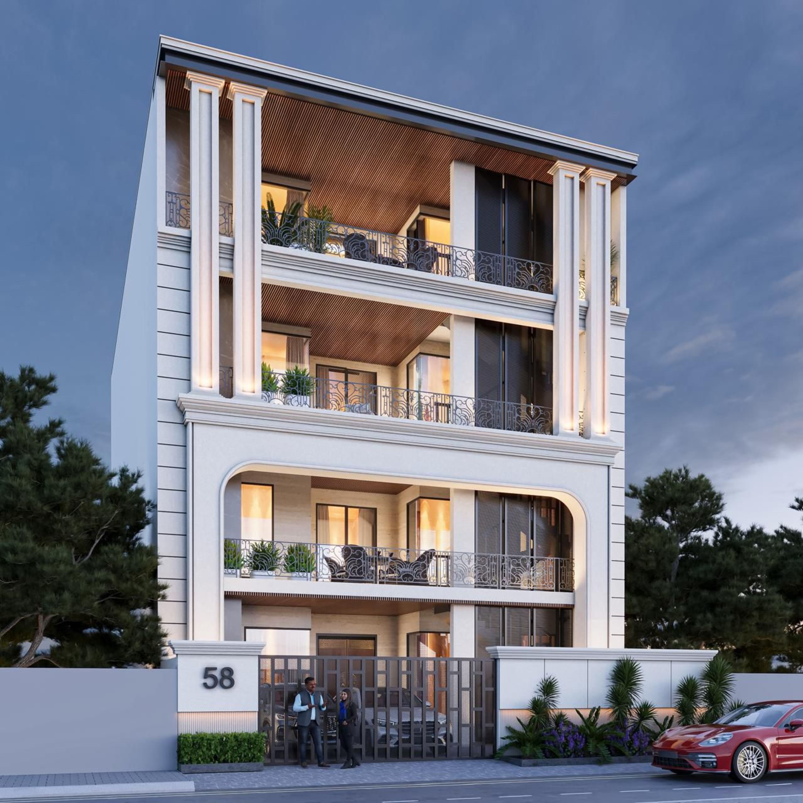 Corner view of a four-storey urban residence with stacked terraces