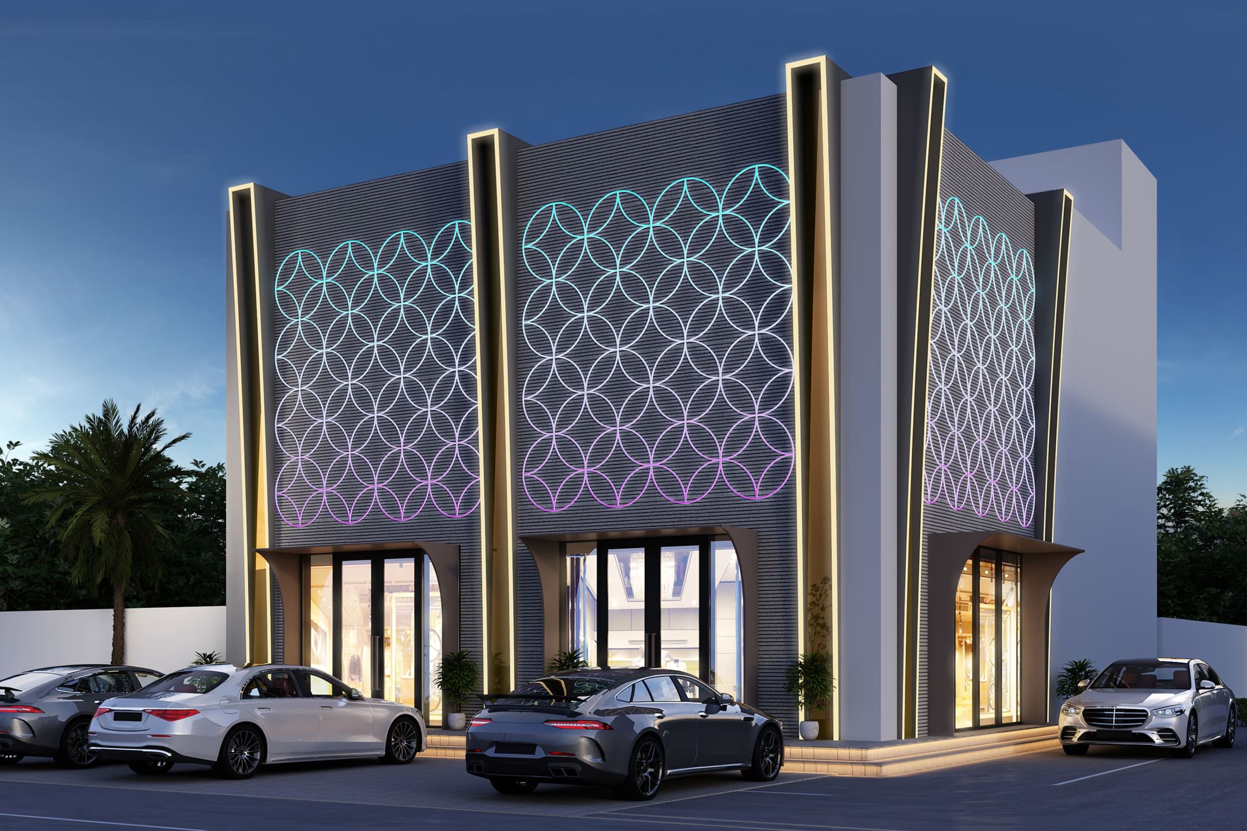 Luxury retail block with an illuminated geometric facade screen at dusk