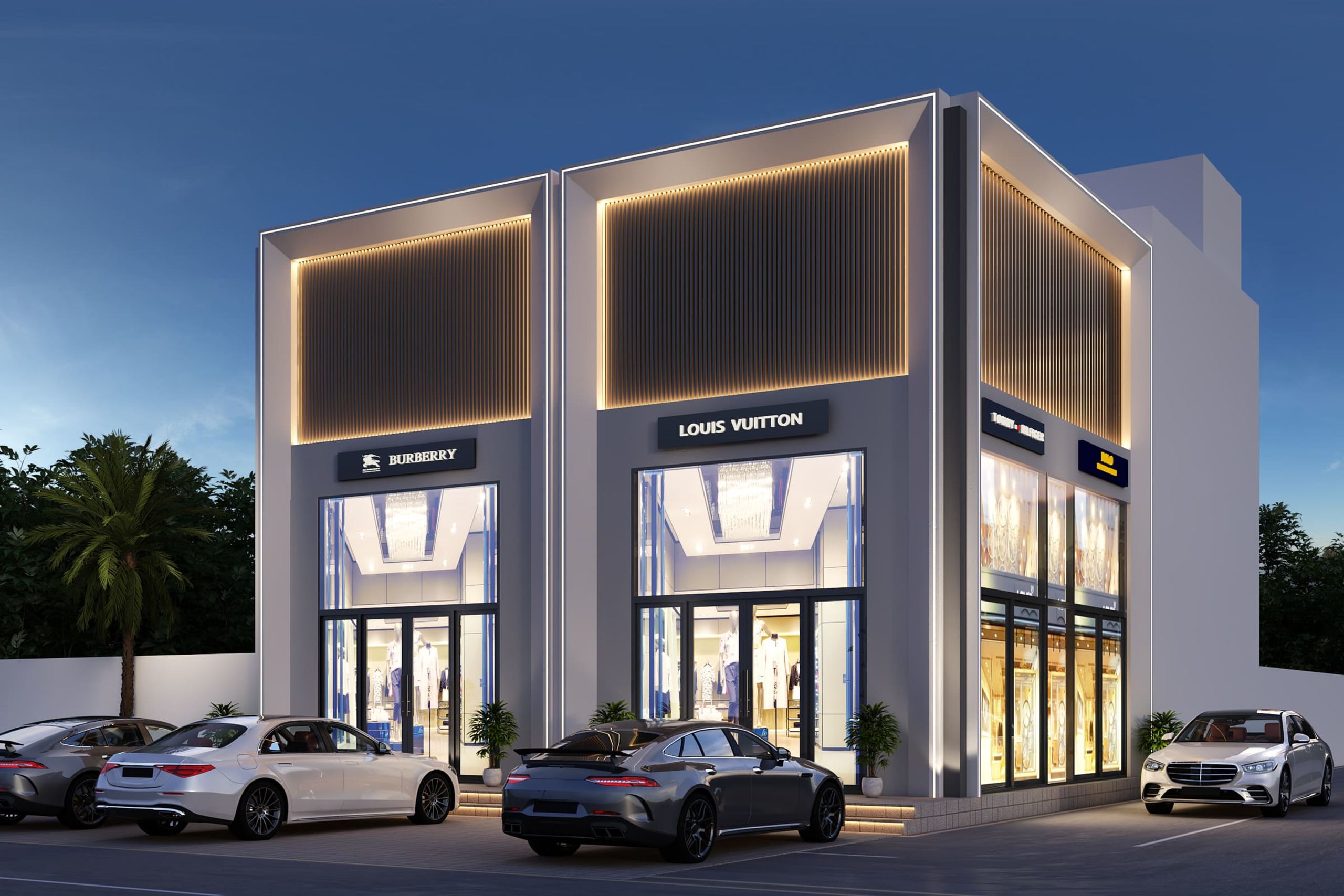 Luxury boutique wing with Burberry and Louis Vuitton storefronts