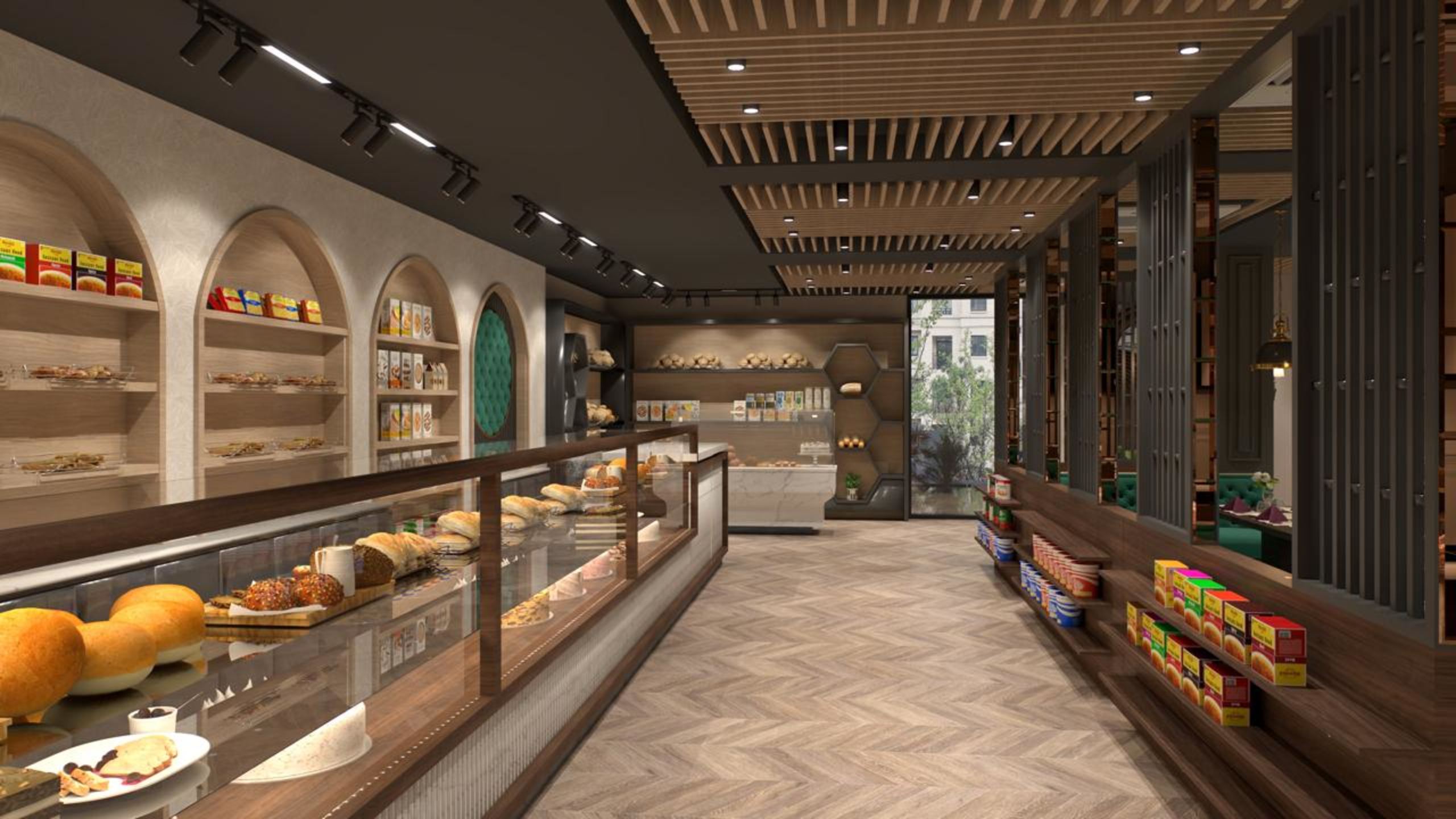 Bakery counter with chilled display cabinets and arched wall niches