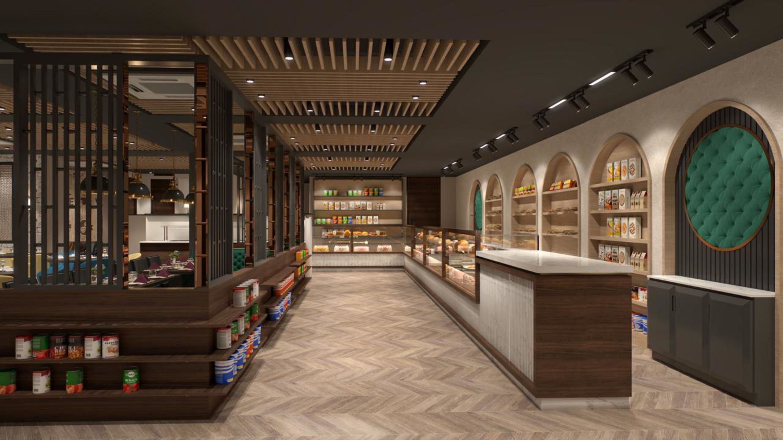 Bakery and provisions aisle with timber gondolas and billing counter