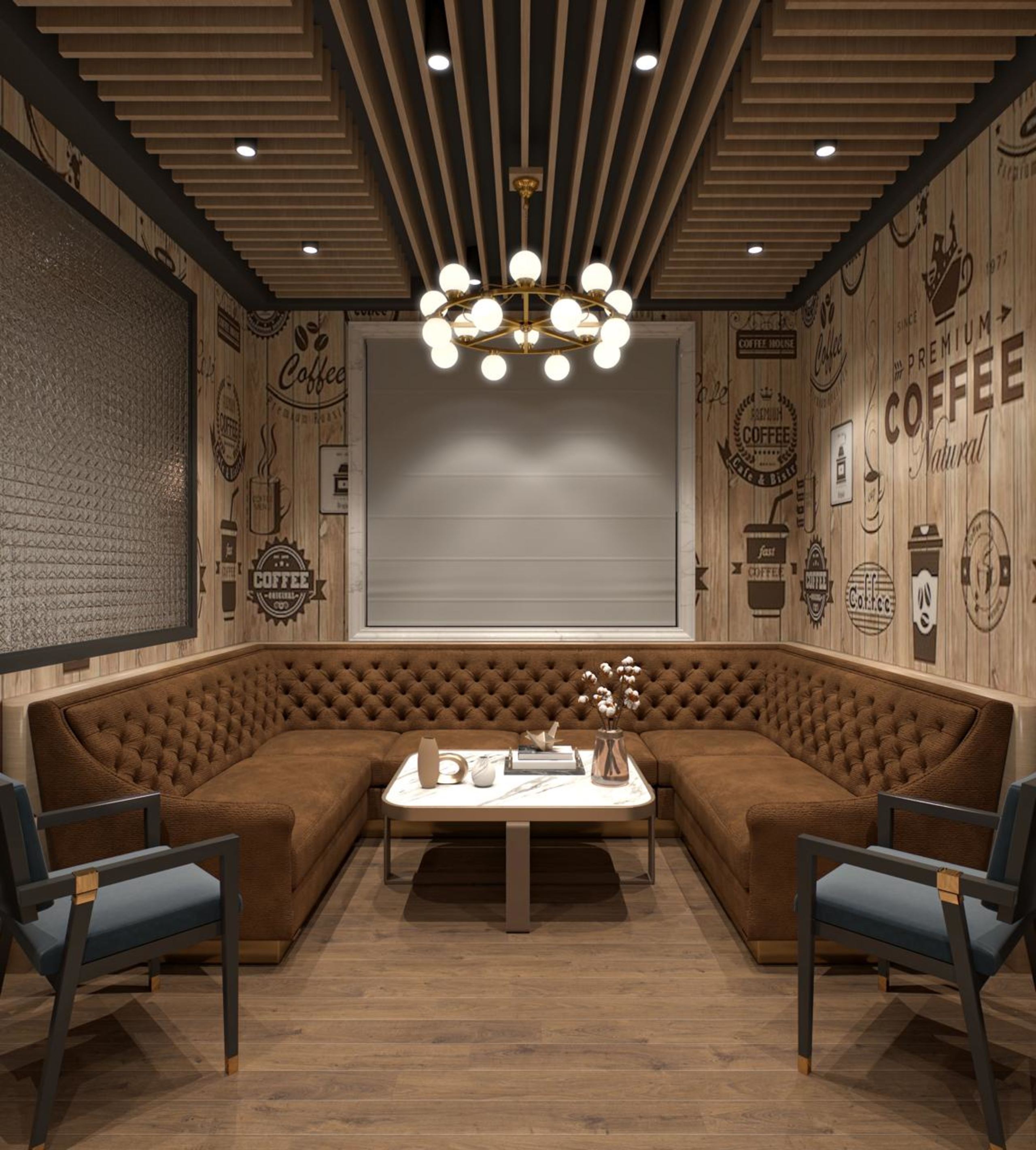 Tufted leather booth under a slatted ceiling with coffee-house graphics