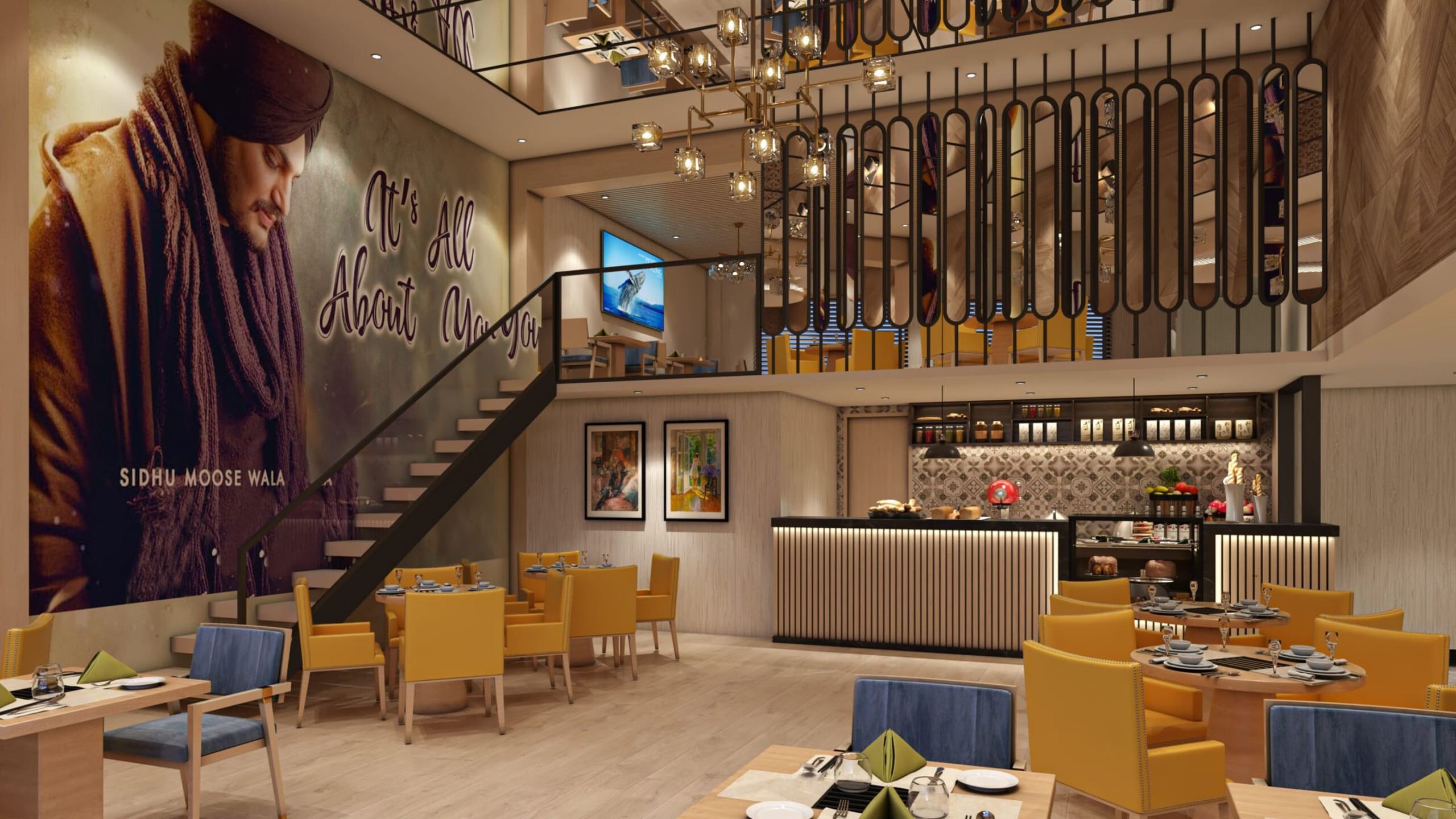 Double-height restaurant dining hall with mural wall and mezzanine