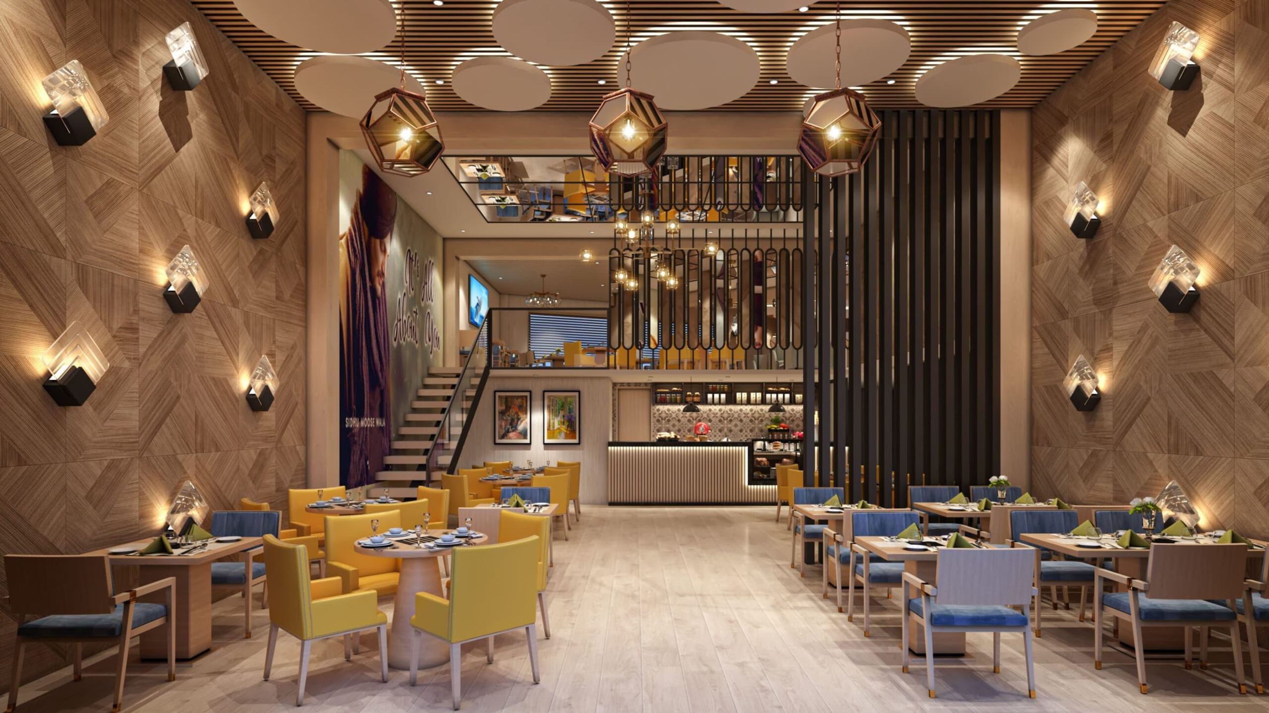 Restaurant dining floor with timber panelling and geometric pendants