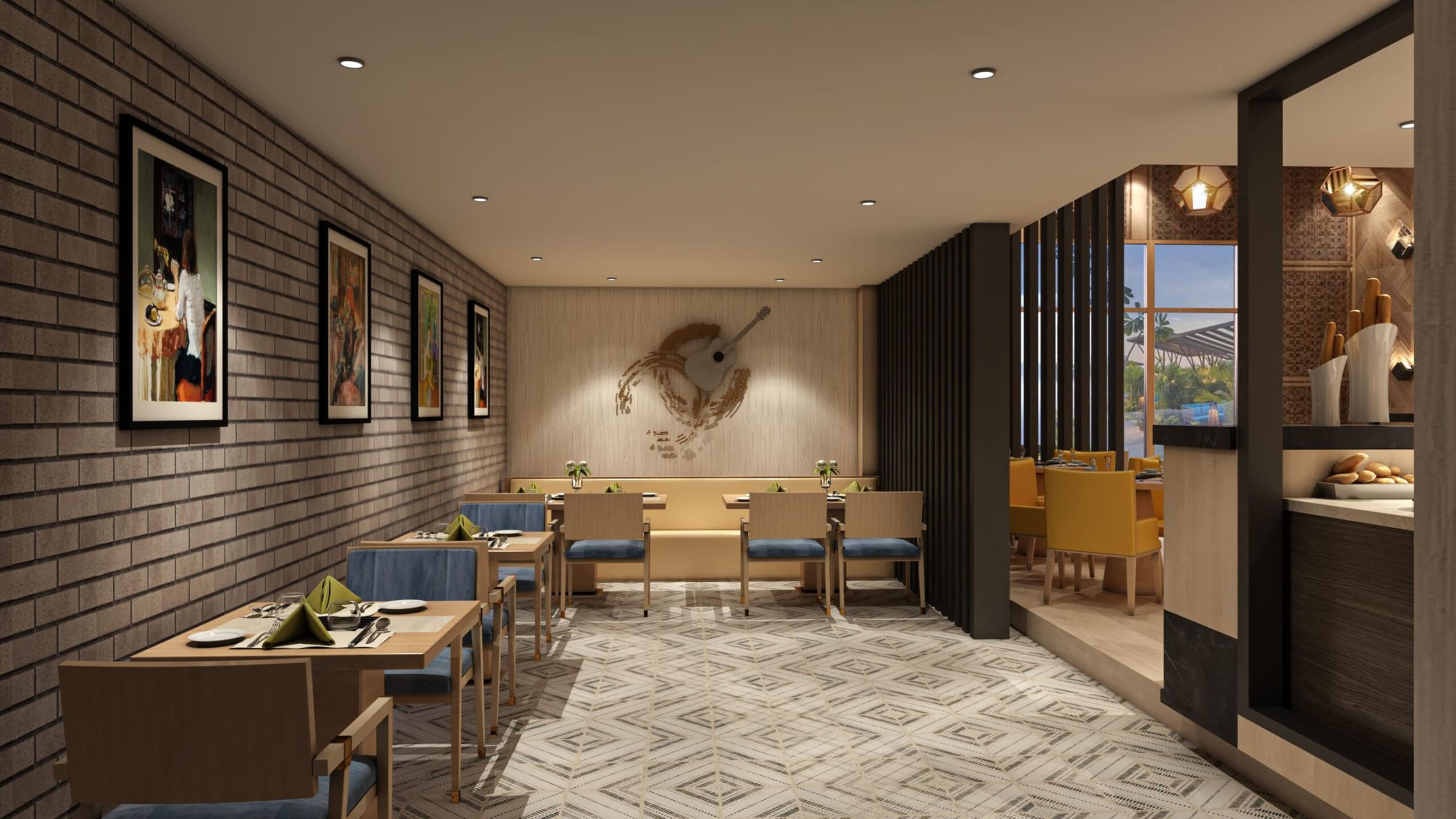 Brick-walled restaurant nook with framed art and guitar installation