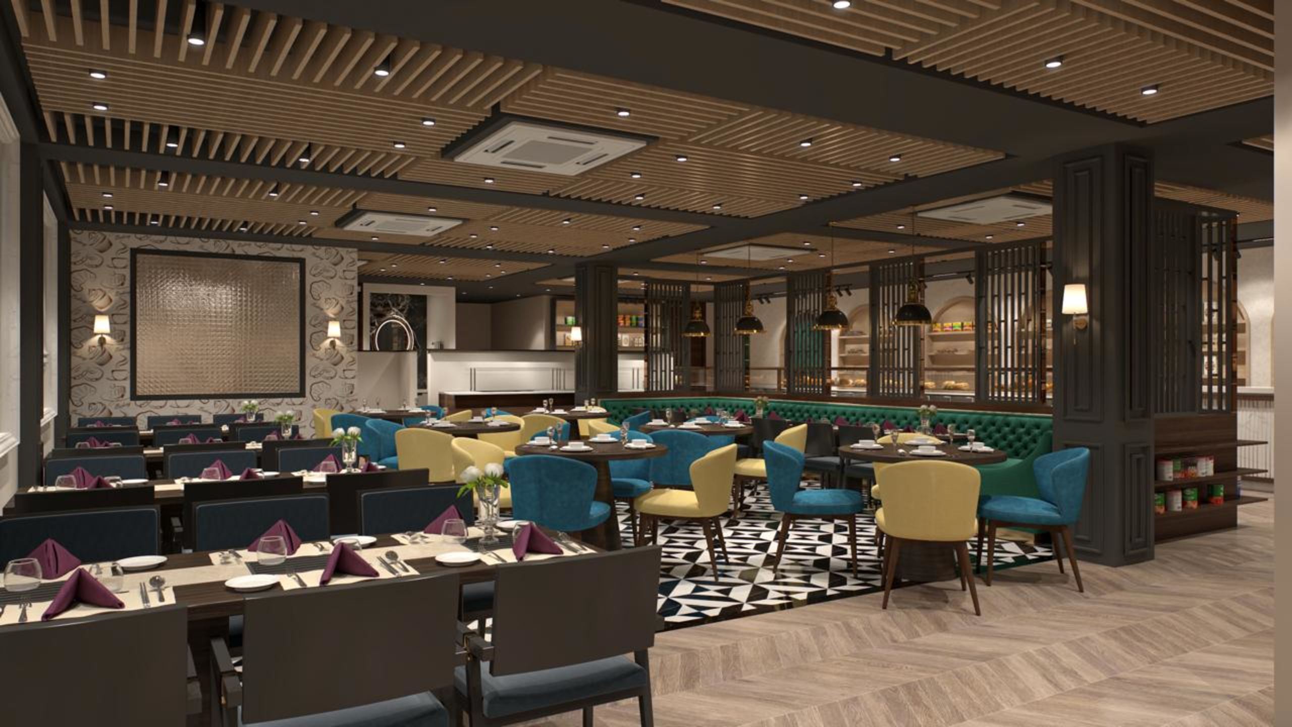 Main restaurant dining floor with banquette seating and patterned inlay