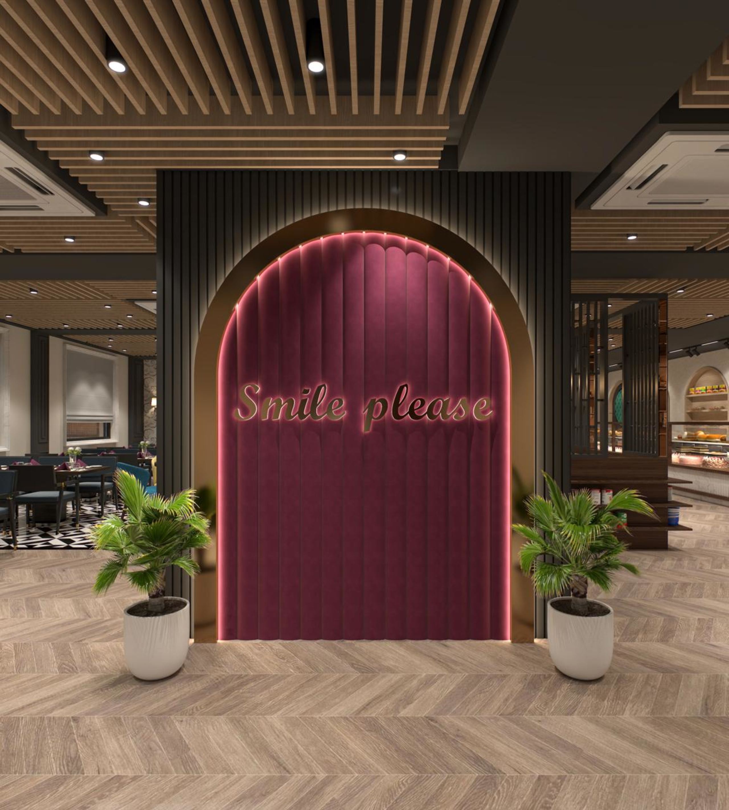 Fluted magenta velvet arch at the restaurant entrance lobby