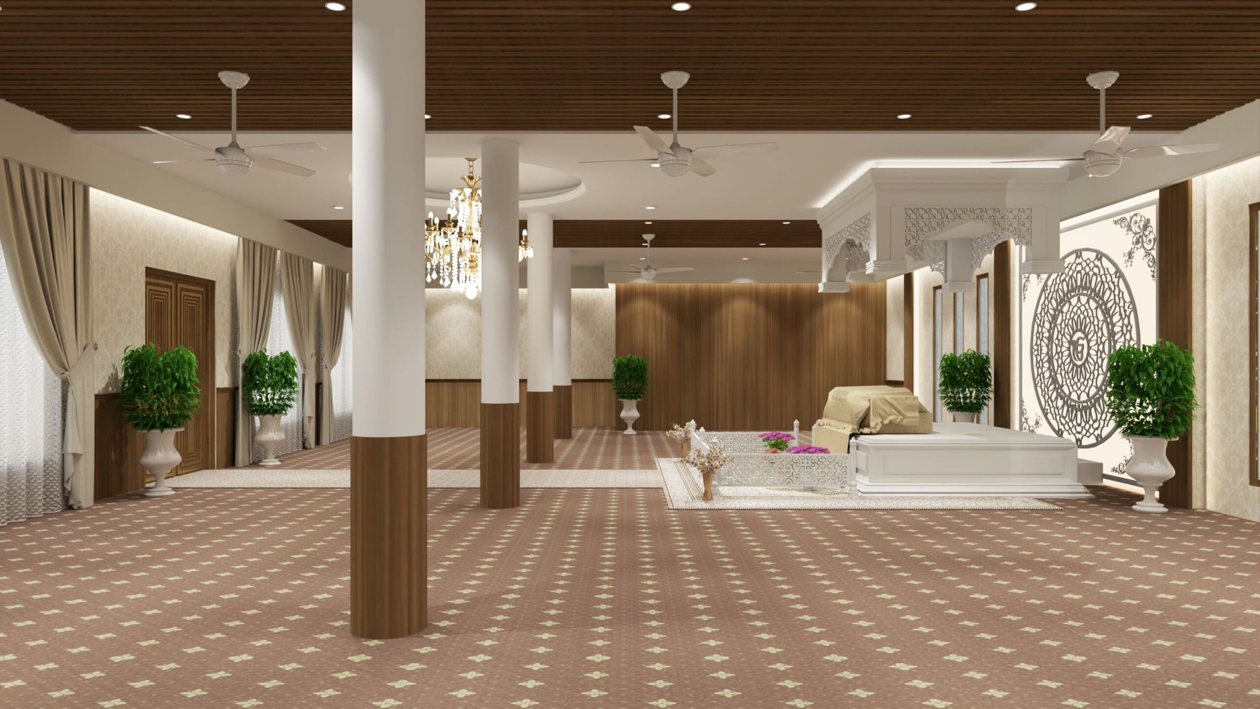 Carpeted gurudwara congregation hall with timber dado and palki sahib