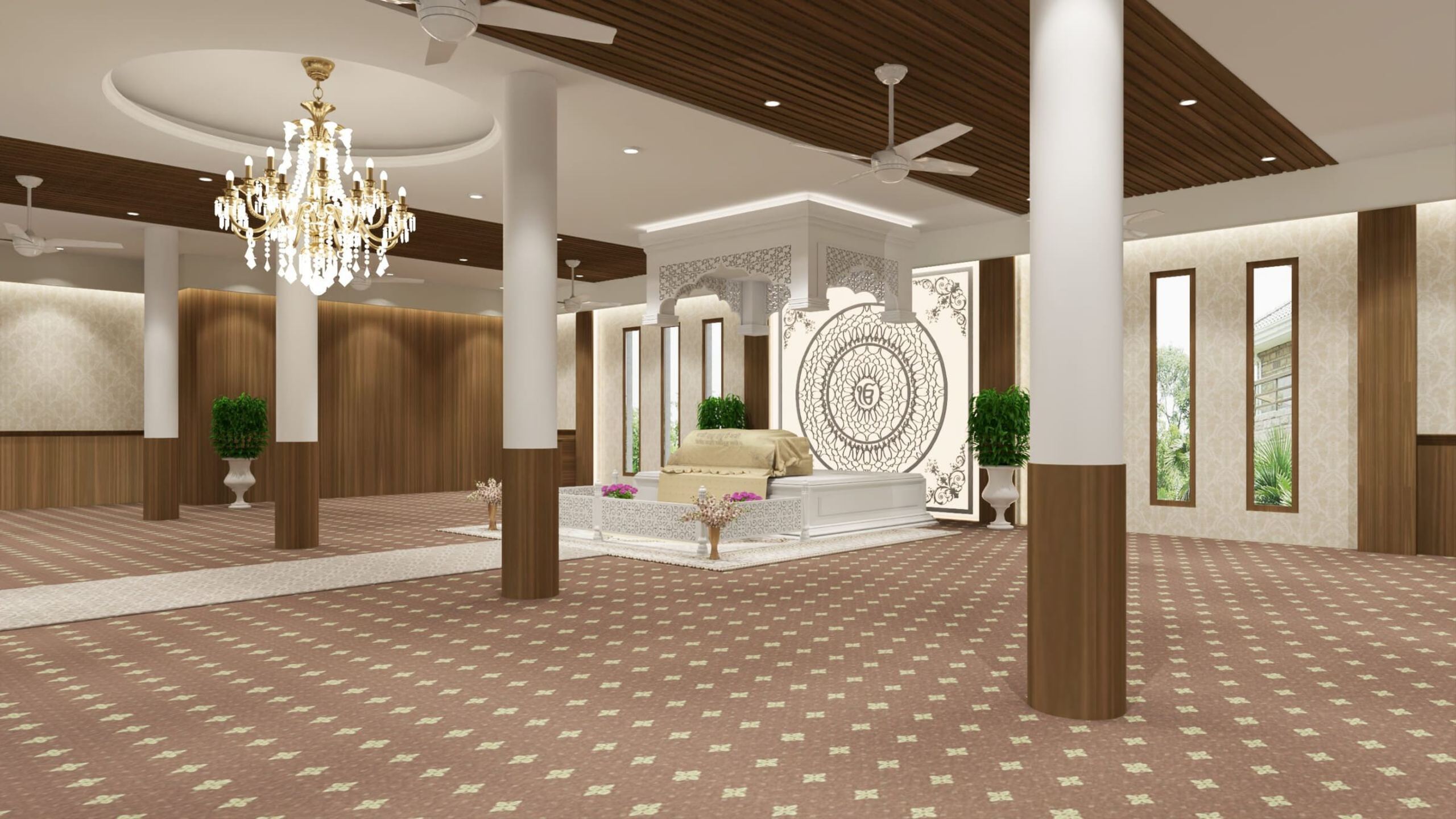 Gurudwara main hall seen from the entrance under a crystal chandelier
