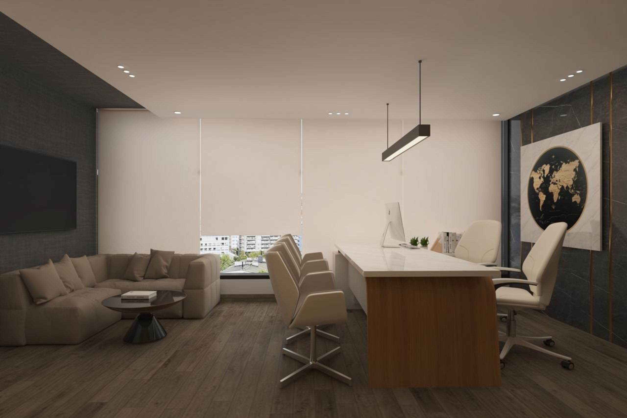 Executive office cabin with marble-topped desk and modular lounge