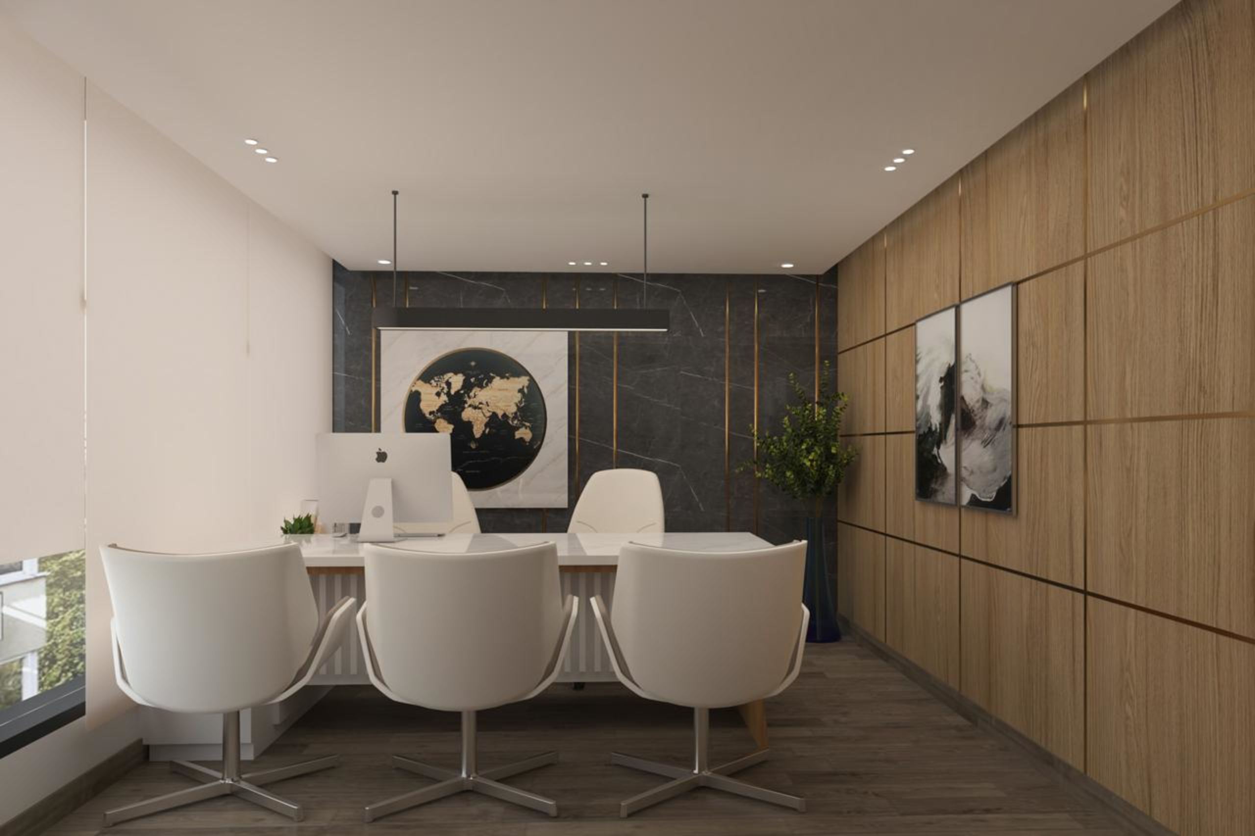 Meeting cabin with oak storage wall and linear pendant over the desk