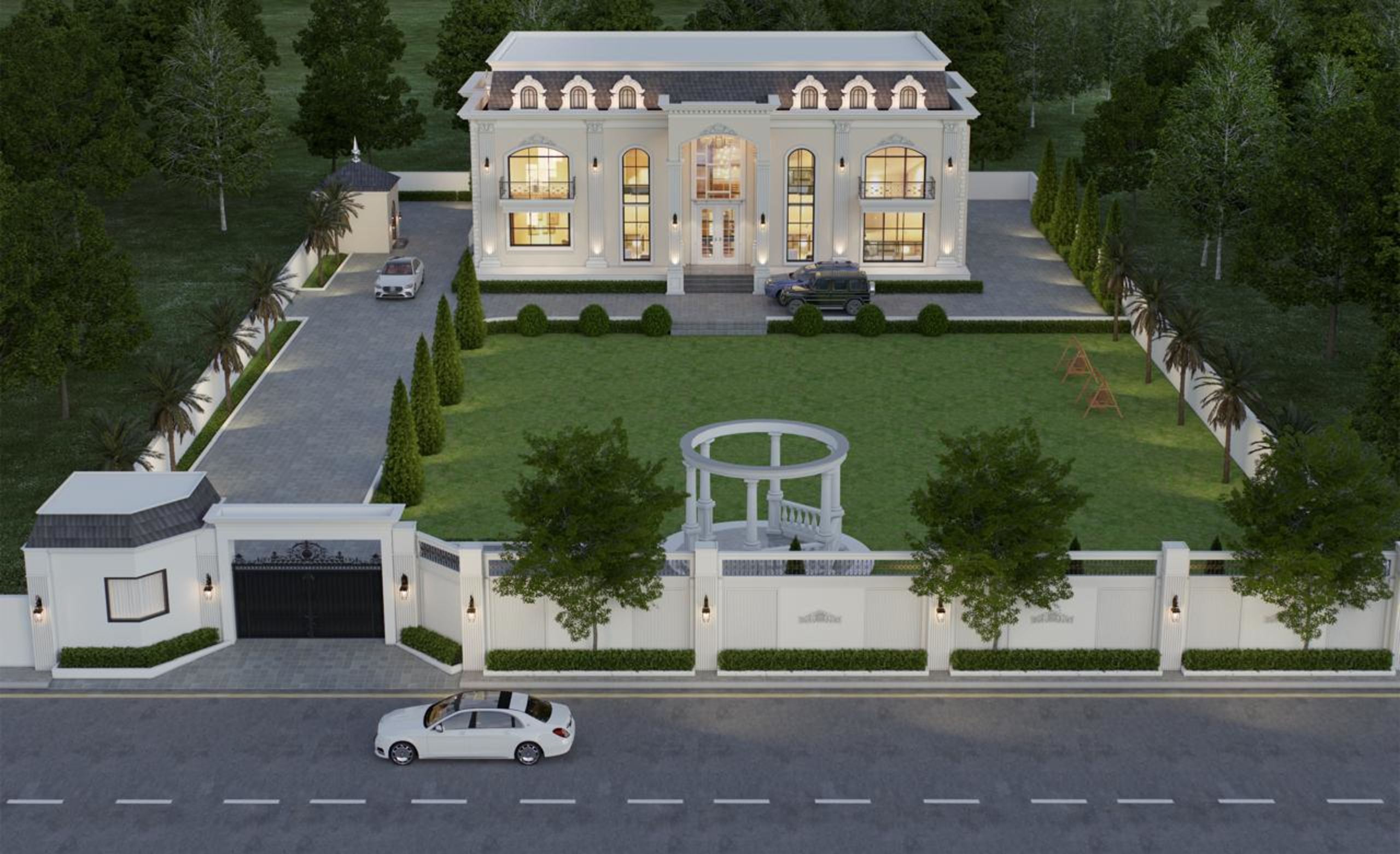 Aerial view of a walled mansion plot with lawn and rotunda folly