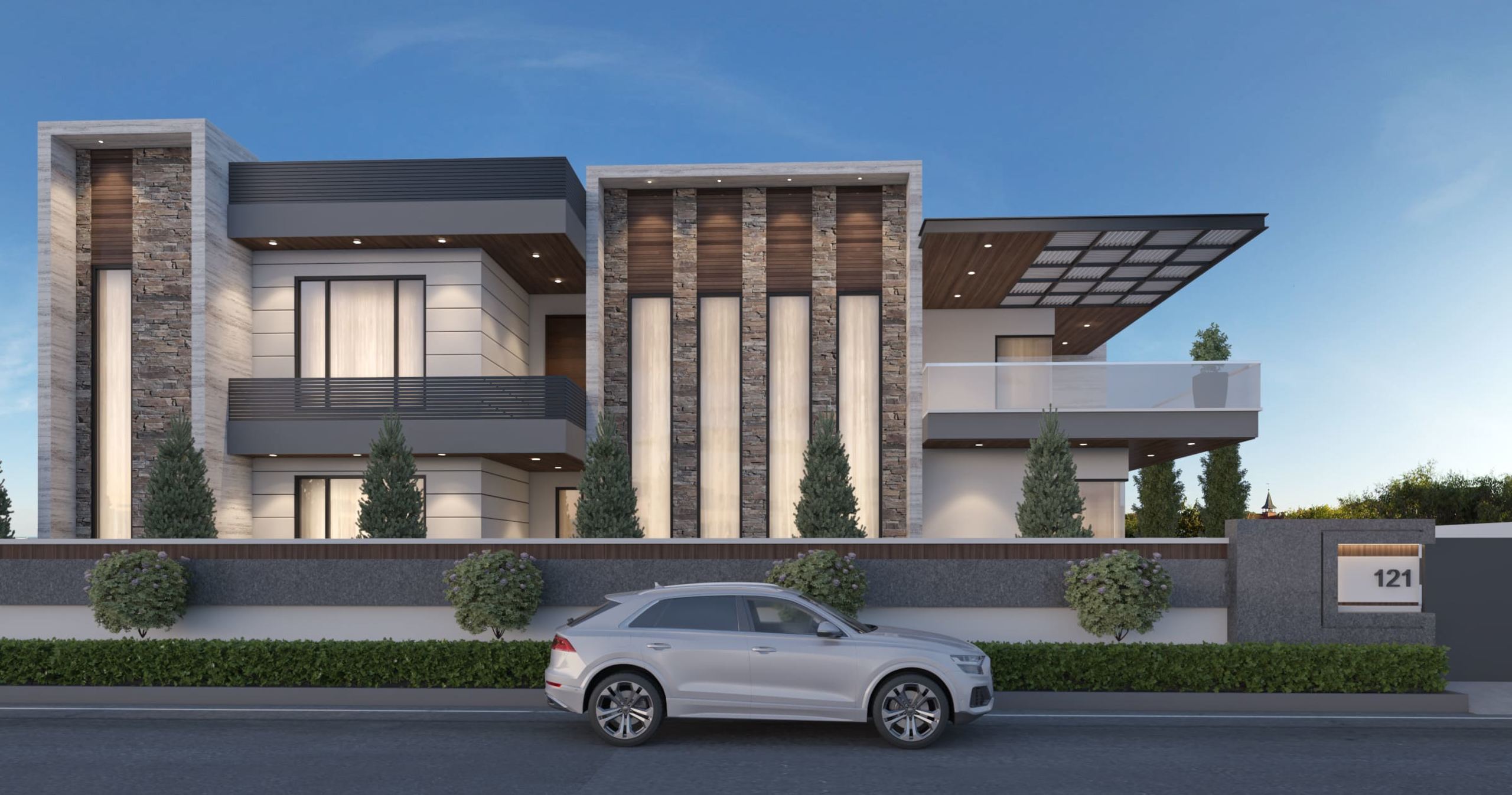 Street elevation of a contemporary house with vertical stone fins
