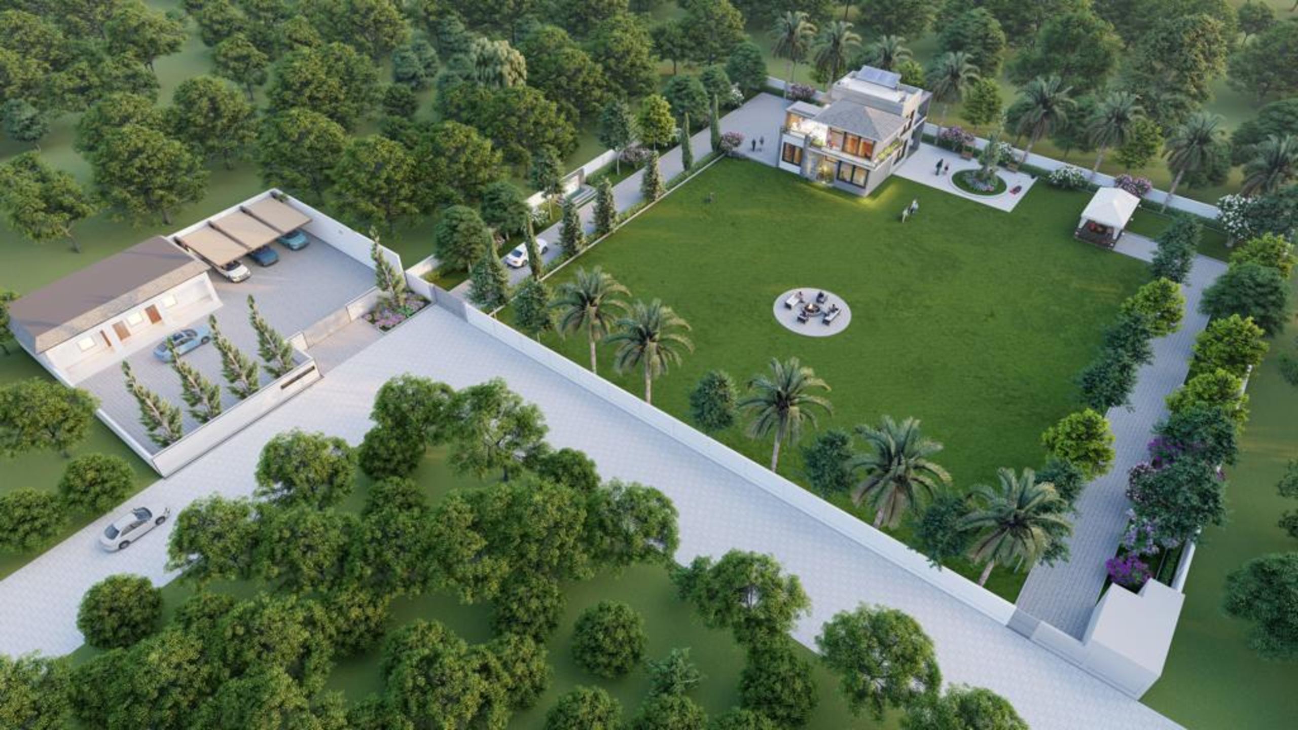 Aerial view of a walled farmhouse estate with lawn and parking court