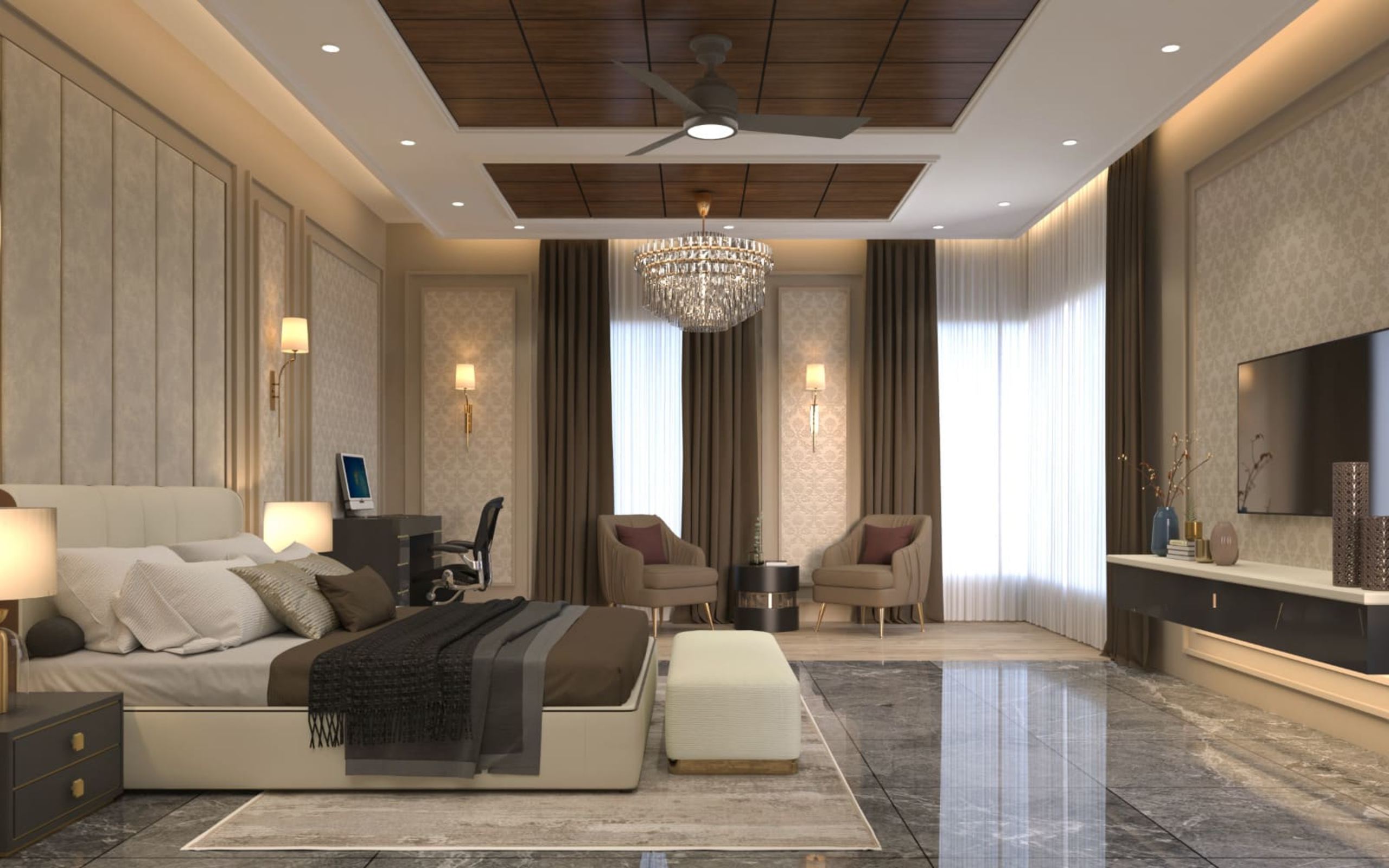 Master bedroom with upholstered wall panelling and crystal chandelier