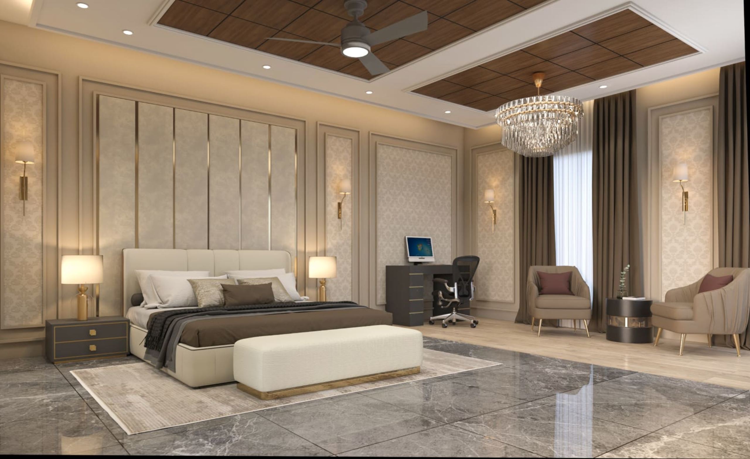 Master bedroom seating bay with study desk and paired lounge chairs