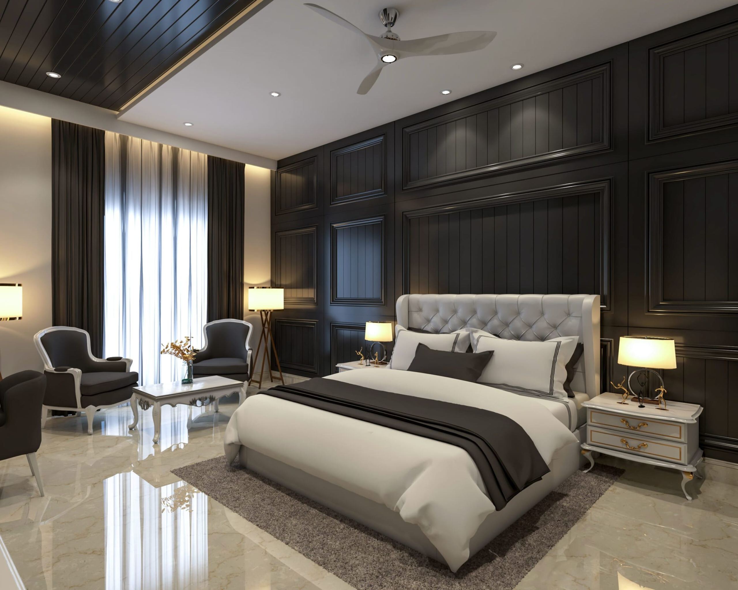 Guest bedroom with charcoal panelled headboard wall and marble floor