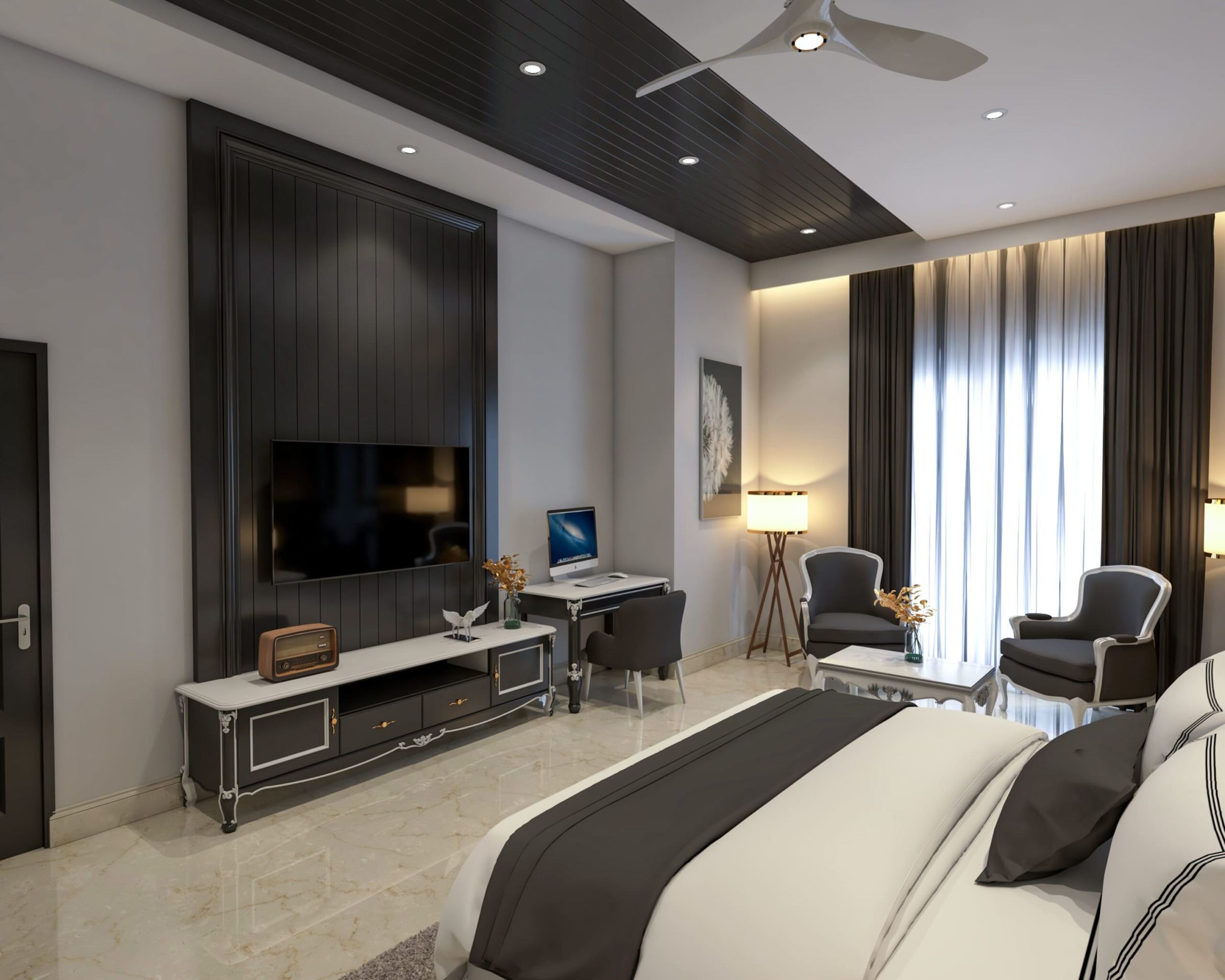 Bedroom media wall with a full-height dark panel, console and work desk