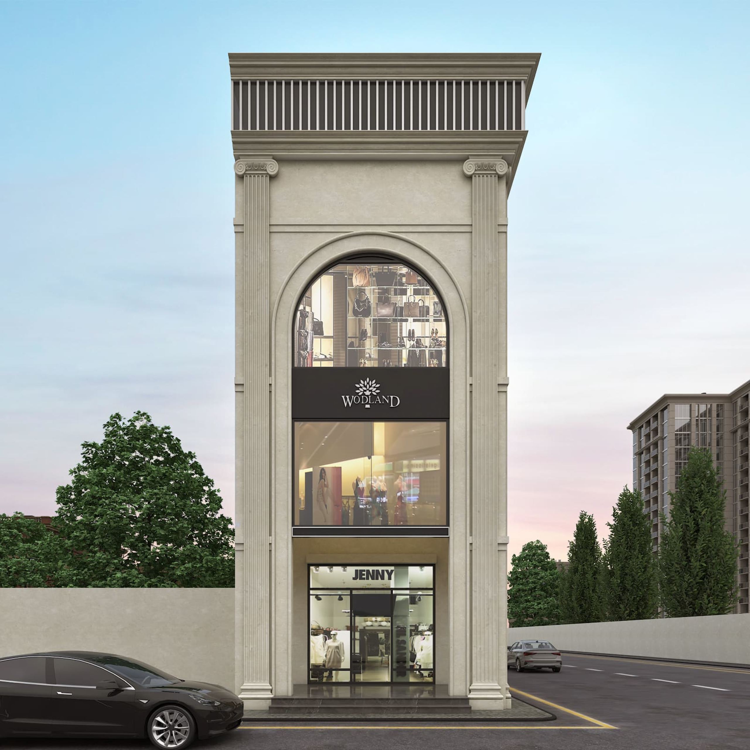 Slim neoclassical retail building with stacked archway display windows