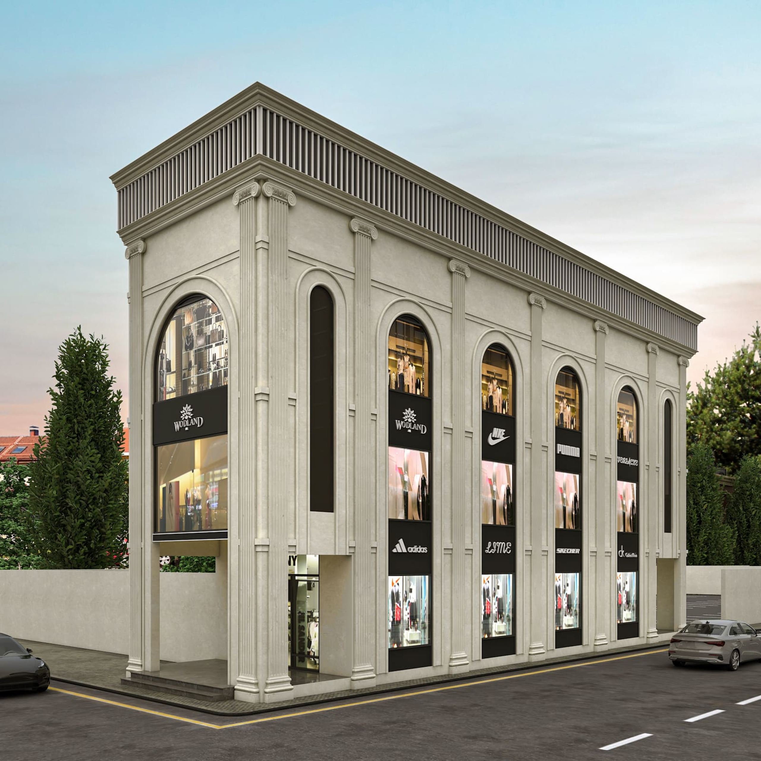 Multi-tenant retail building with arched bays for sportswear brands