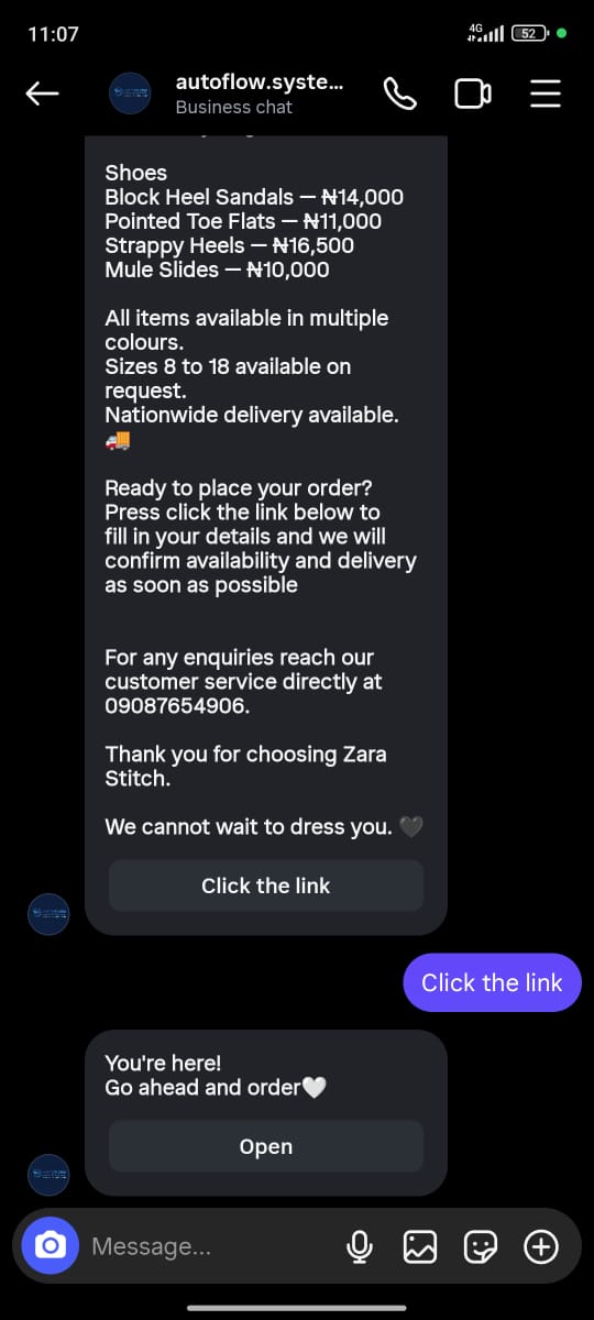 Automated DM sent to customer